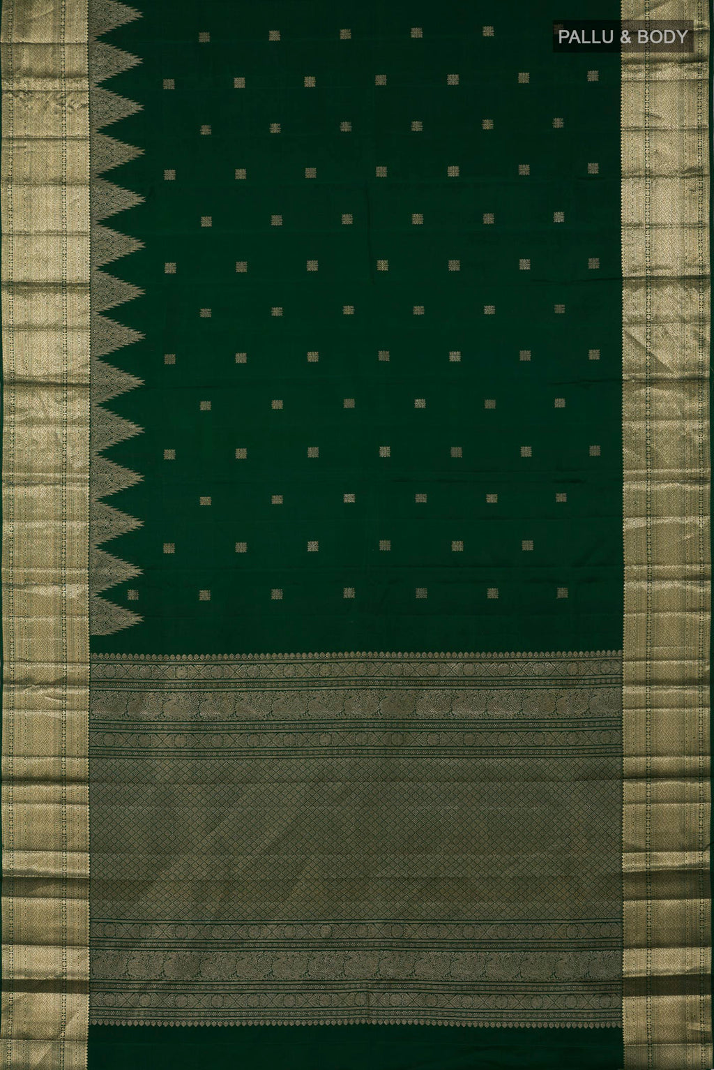 Flat view of Bottle Green Kanjivaram Silk Saree with Zari Butta on the body and Temple Border. 