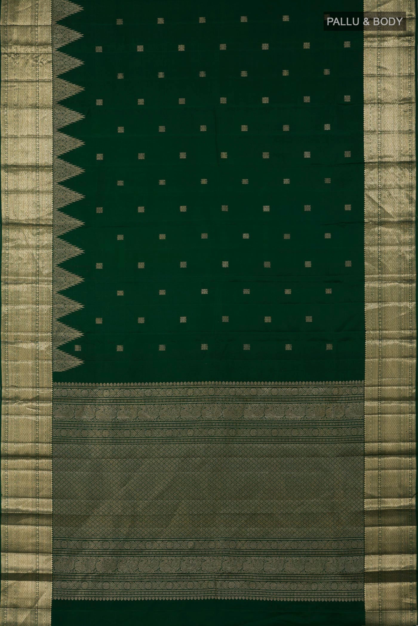 Flat view of Bottle Green Kanjivaram Silk Saree with Zari Butta on the body and Temple Border. 