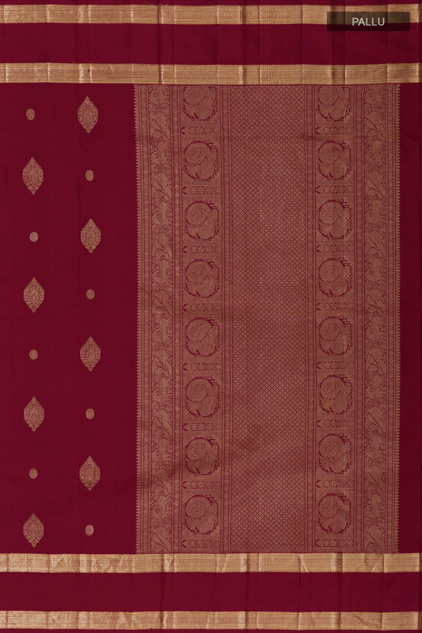 Close up image of the pallu of Maroon Kanjivaram Silk Saree with Zari Butta on the body and Zari Border. 