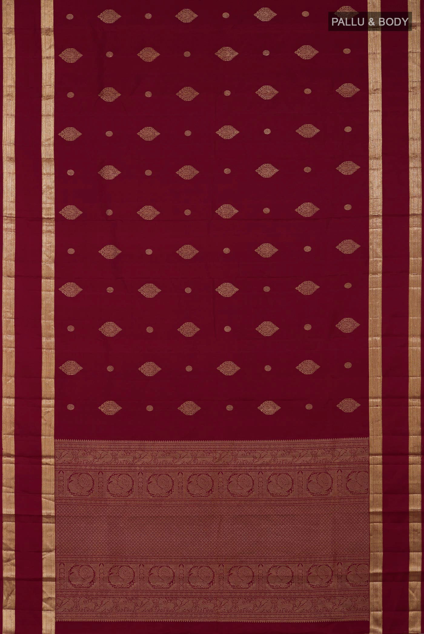 Flat view of Maroon Kanjivaram Silk Saree with Zari Butta on the body and Zari Border. 