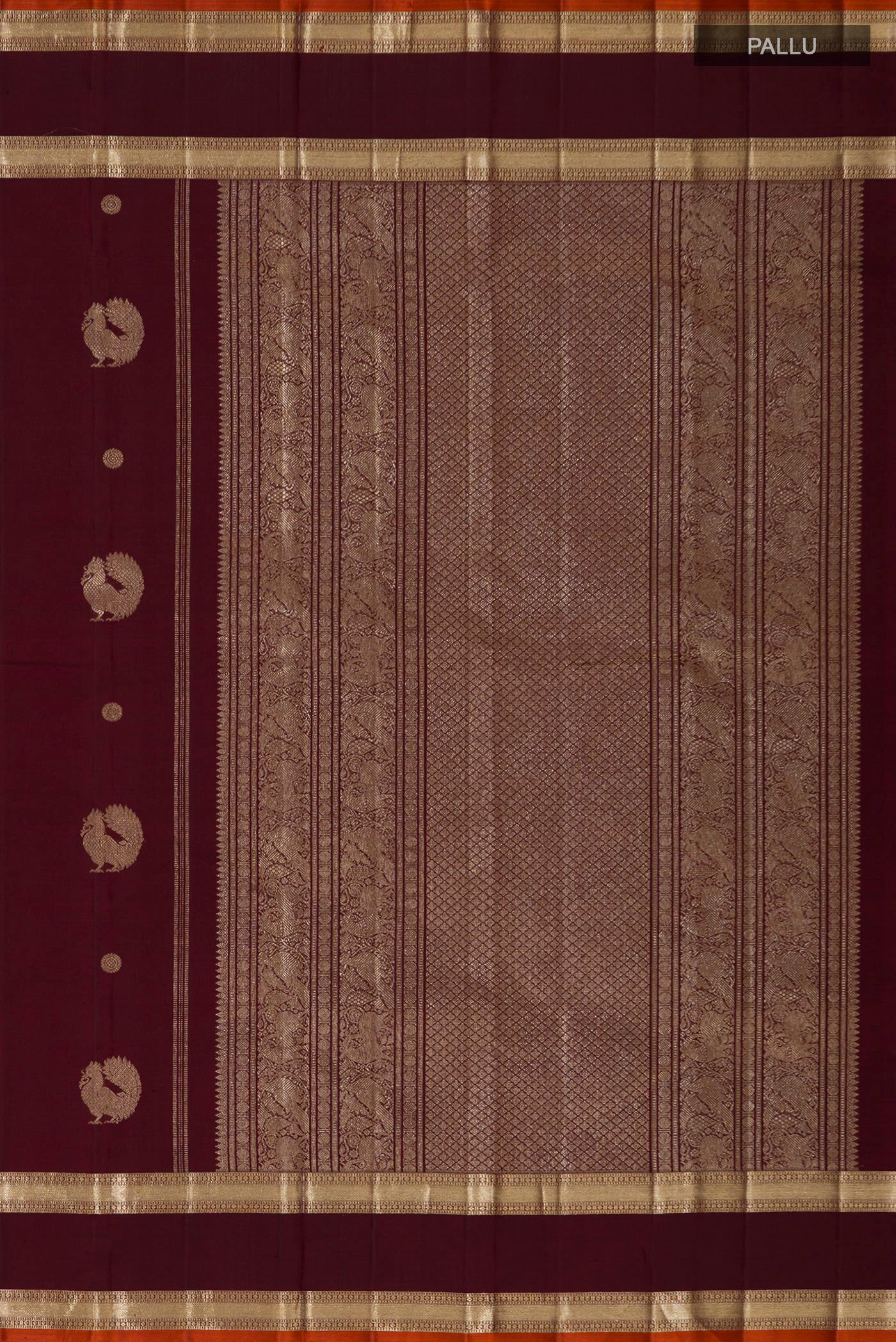 Close up image of the pallu of Maroon Kanjivaram Silk Saree with Zari Butta on the body and Zari Border. 