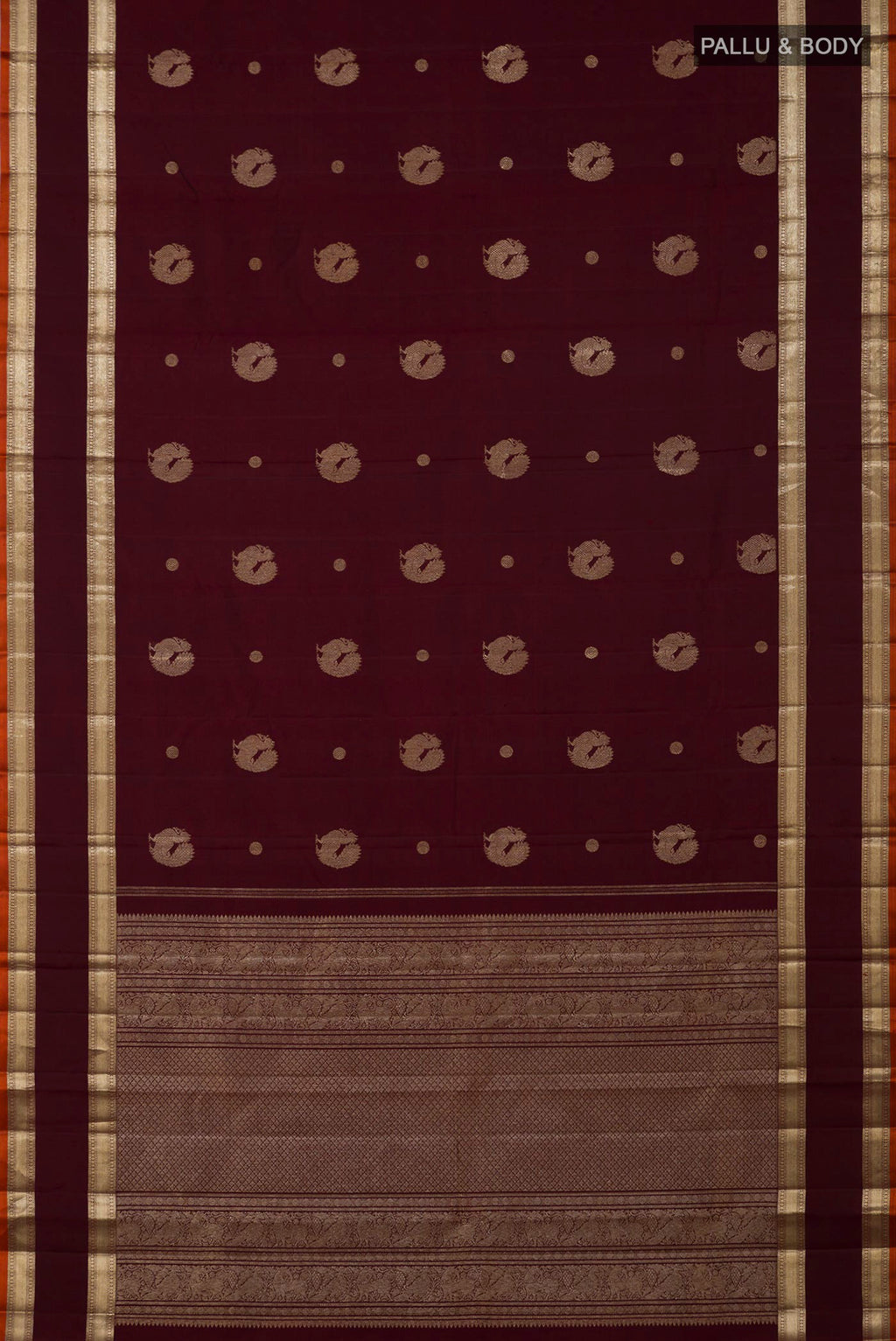 Flat view of Maroon Kanjivaram Silk Saree with Zari Butta on the body and Zari Border. 