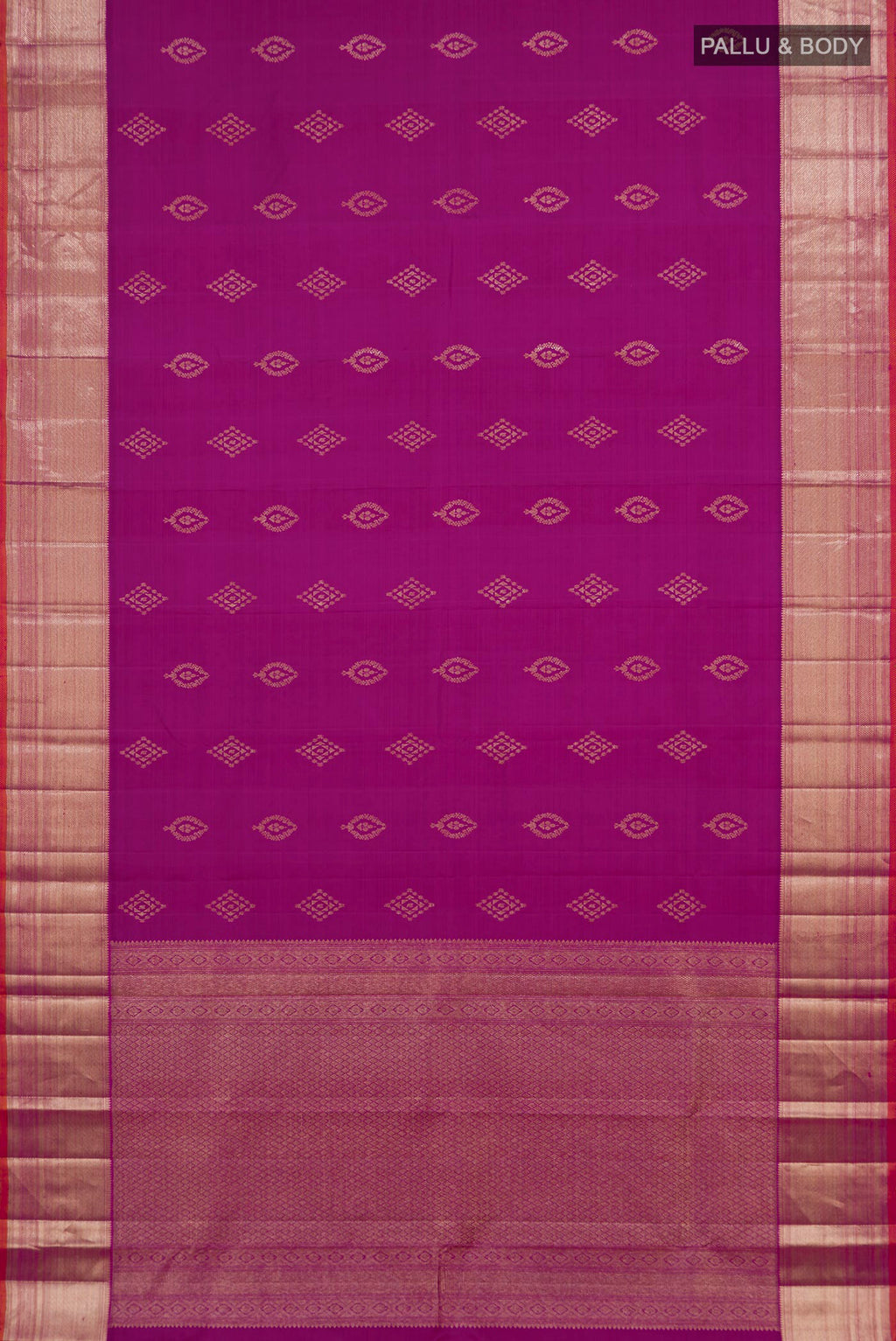 Flat view of Magenta Kanjivaram Silk Saree with Zari Butta on the body and Zari Border. 