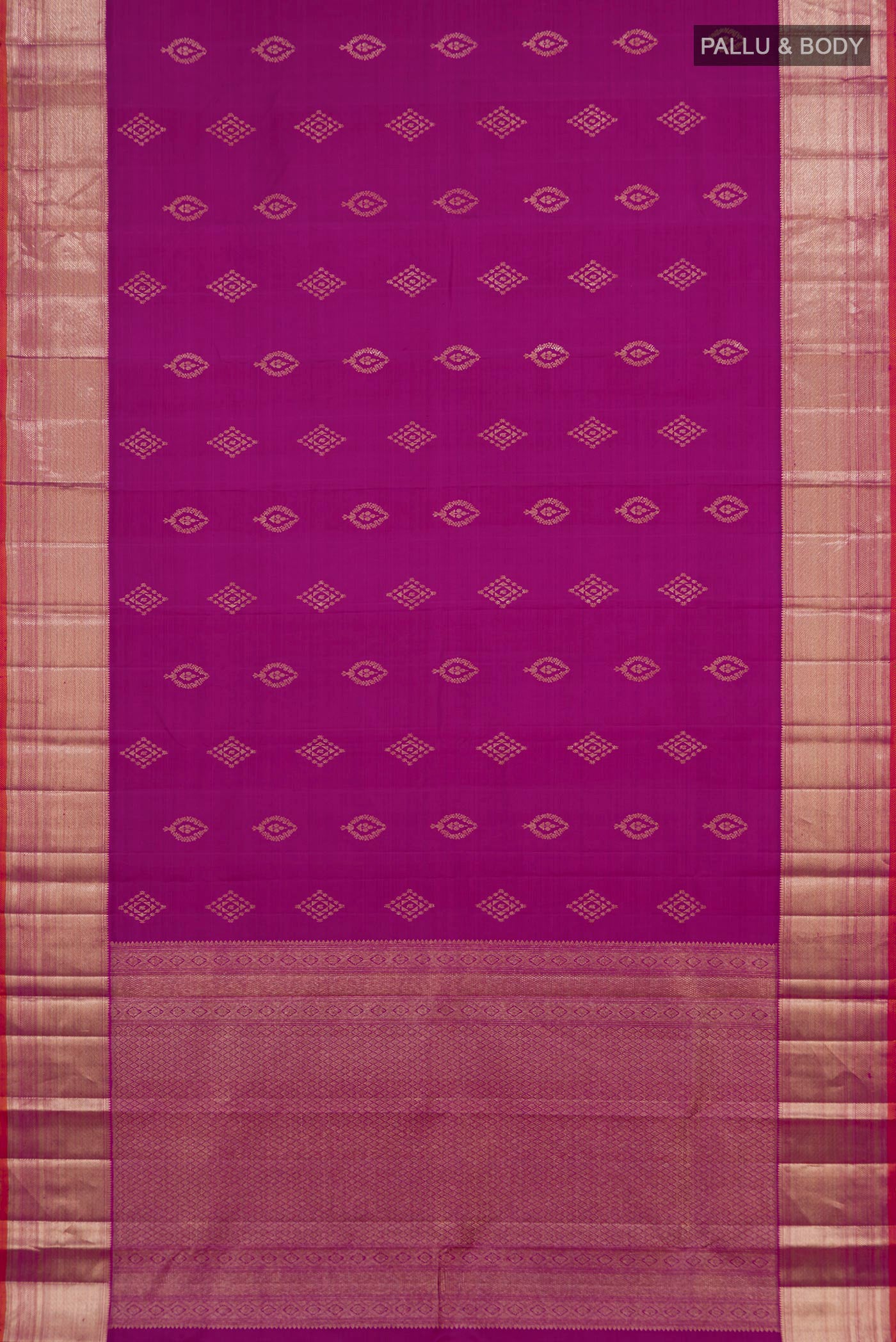 Flat view of Magenta Kanjivaram Silk Saree with Zari Butta on the body and Zari Border. 