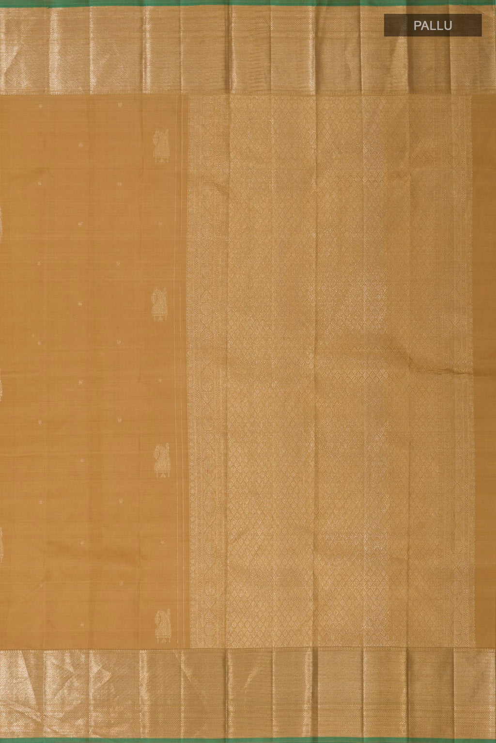 Close up image of the pallu of Dark Beige Kanjivaram Silk Saree with Zari Butta on the body and Zari Border. 