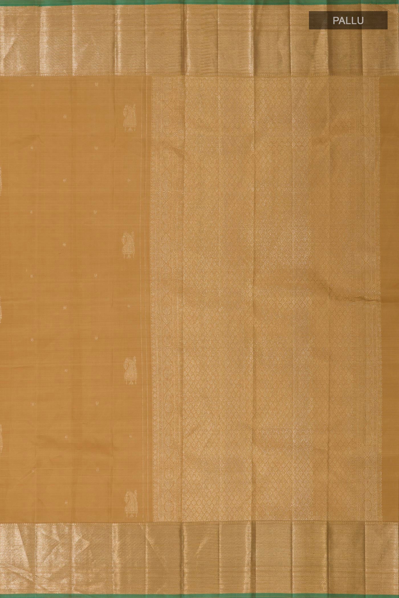 Close up image of the pallu of Dark Beige Kanjivaram Silk Saree with Zari Butta on the body and Zari Border. 