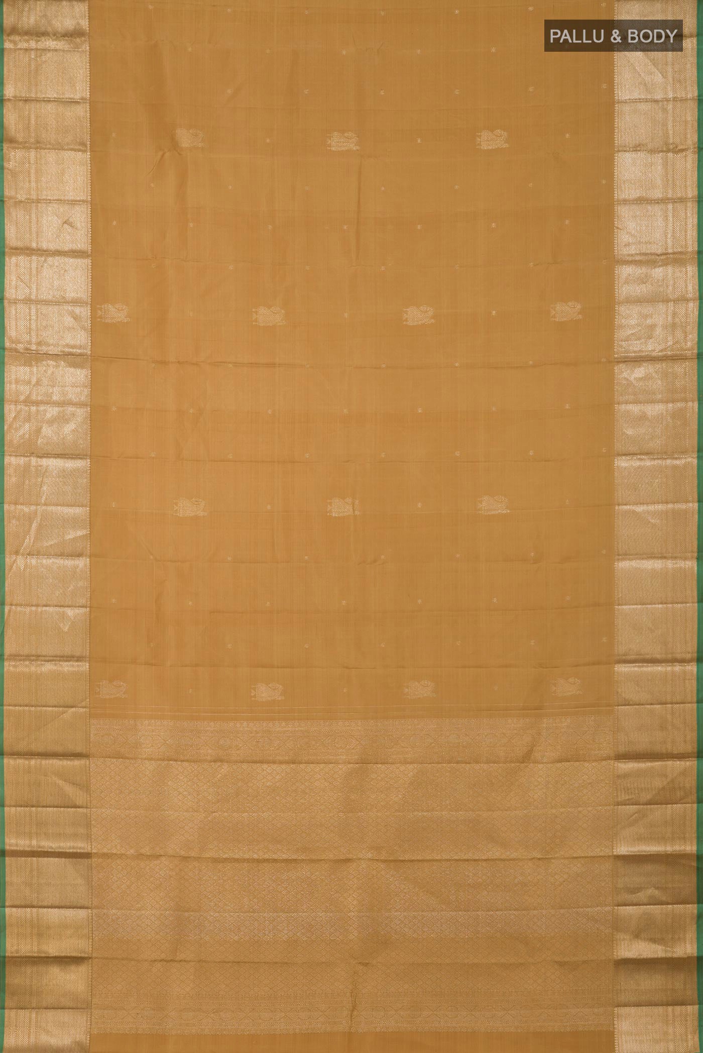 Flat view of Dark Beige Kanjivaram Silk Saree with Zari Butta on the body and Zari Border. 