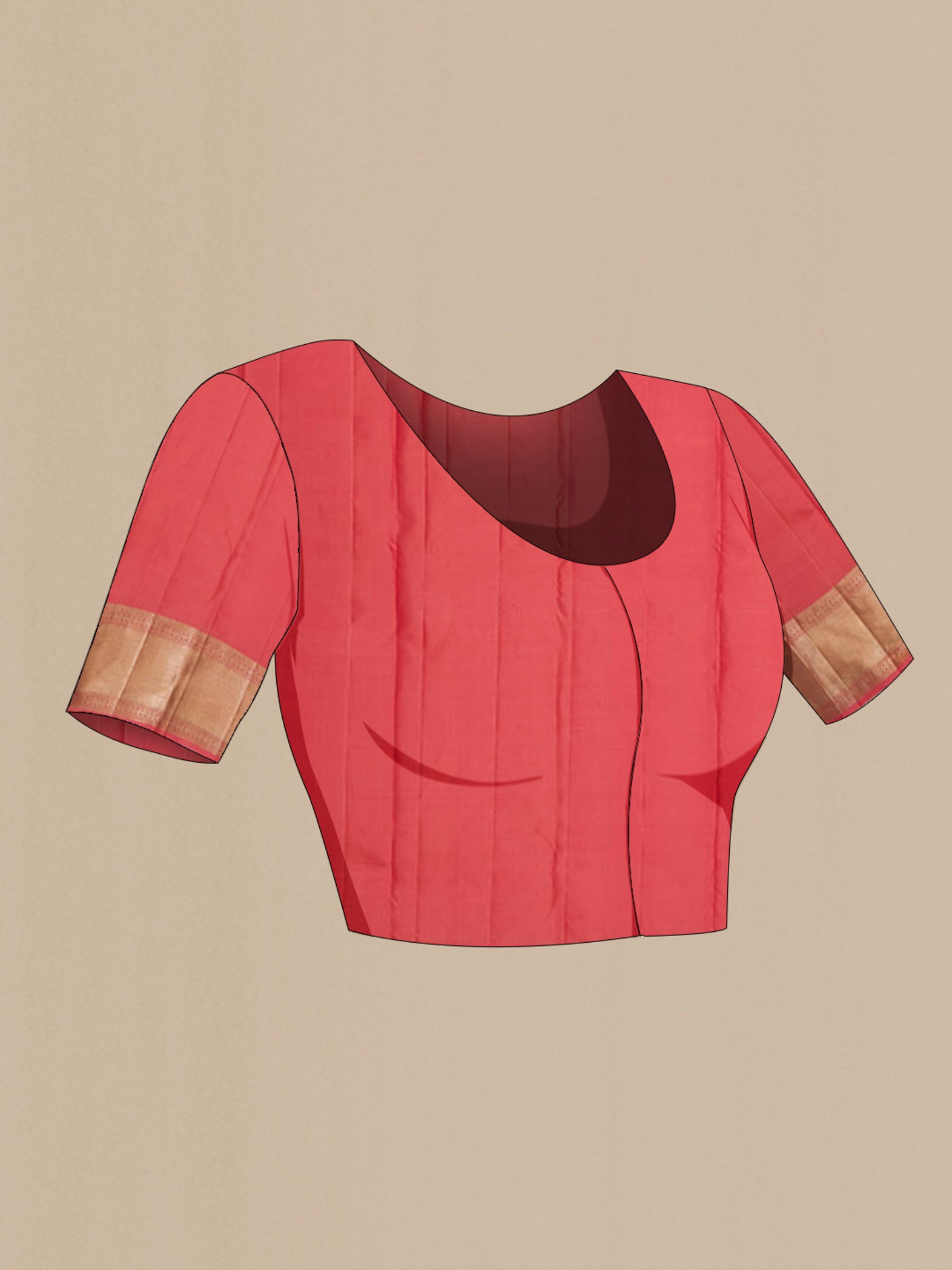 Close up image of the blouse of Peach Kanjivaram Silk Saree with Zari Brocade on the body and Zari Border. 