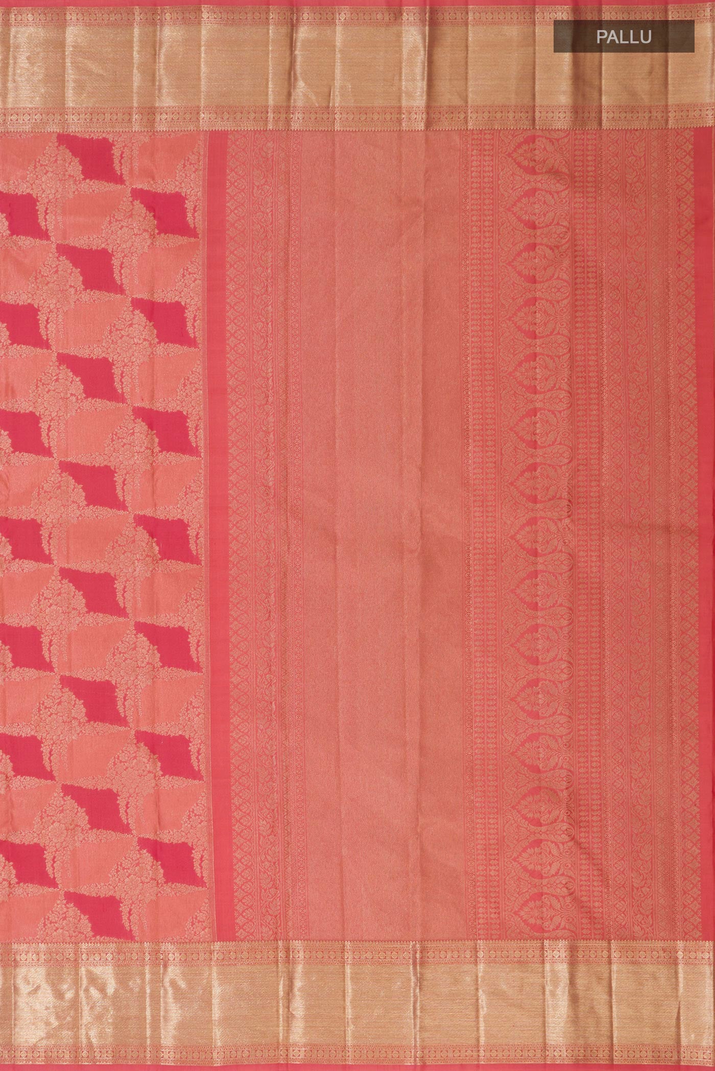 Close up image of the pallu of Peach Kanjivaram Silk Saree with Zari Brocade on the body and Zari Border. 