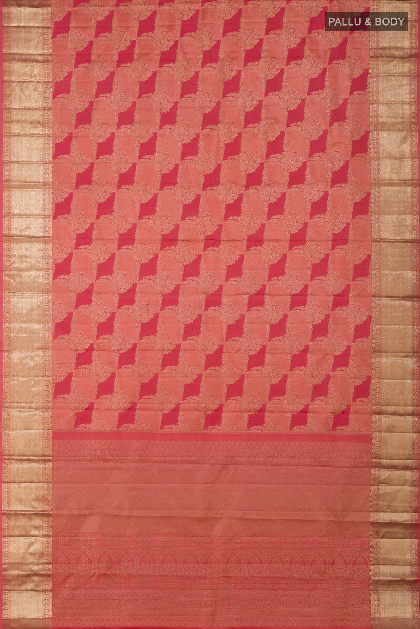 Flat view of Peach Kanjivaram Silk Saree with Zari Brocade on the body and Zari Border. 