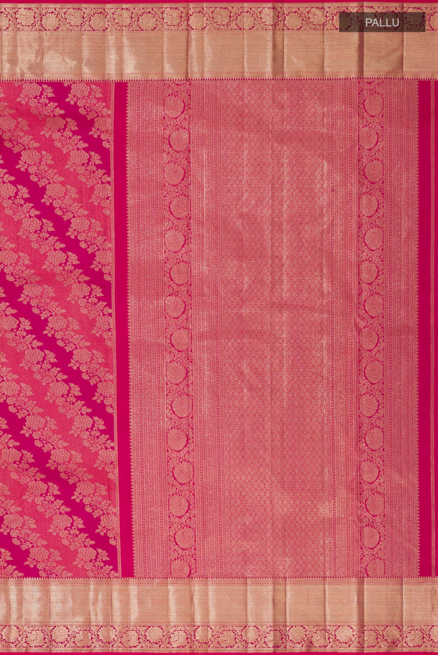 Close up image of the pallu of Pink Kanjivaram Silk Saree with Zari Brocade on the body and Zari Border. 