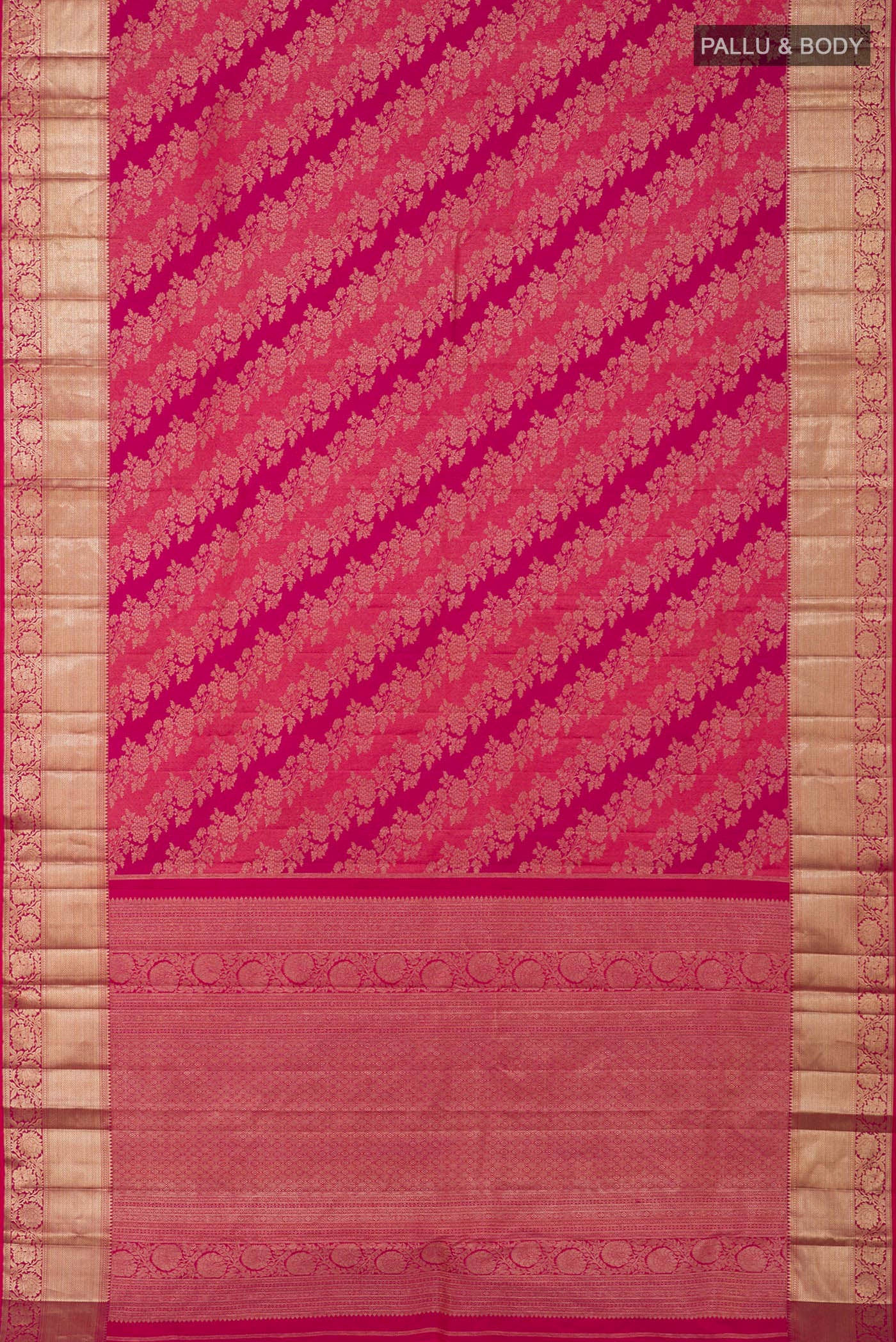 Flat view of Pink Kanjivaram Silk Saree with Zari Brocade on the body and Zari Border. 