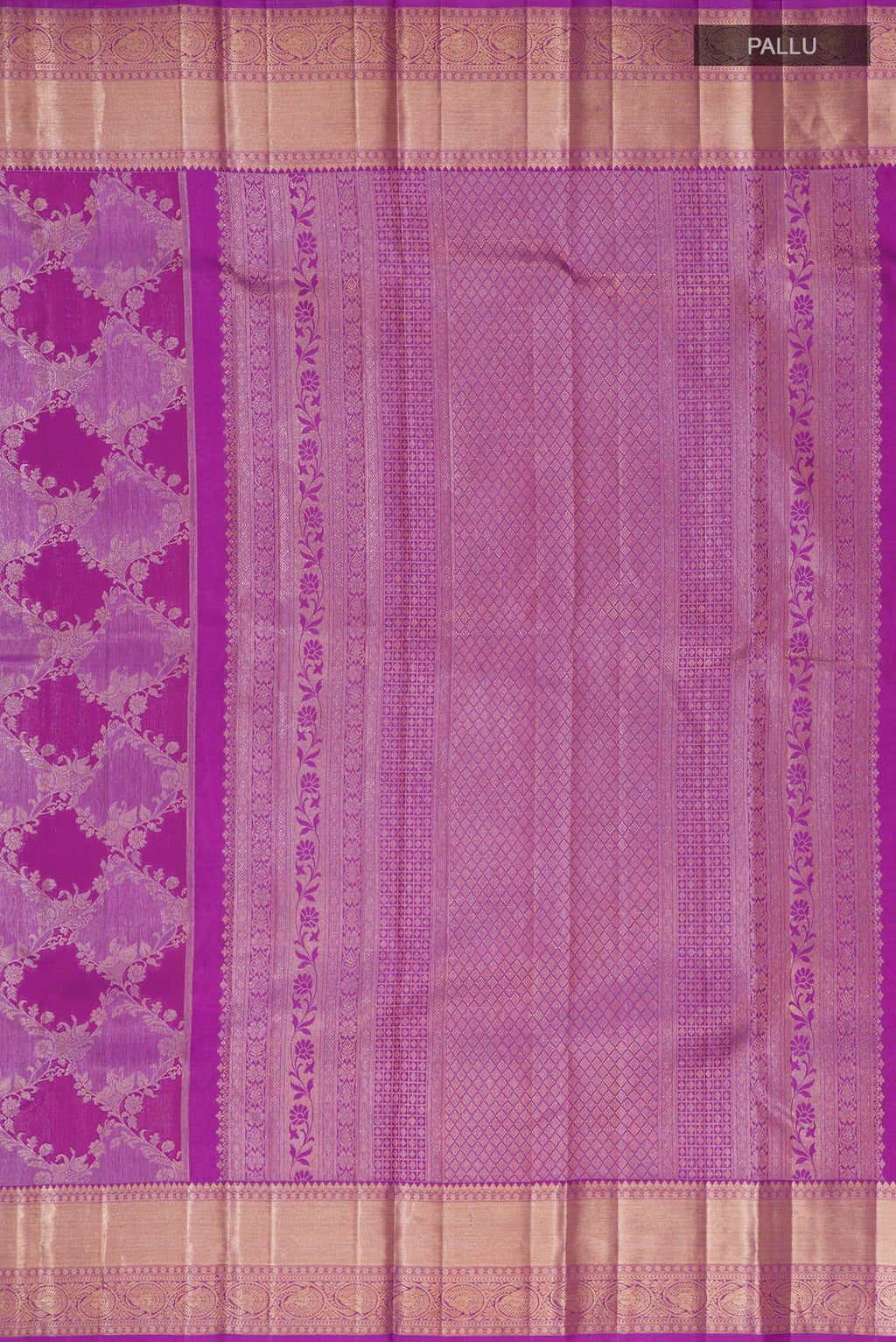 Close up image of the pallu of Purple Kanjivaram Silk Saree with Zari Brocade on the body and Zari Border. 