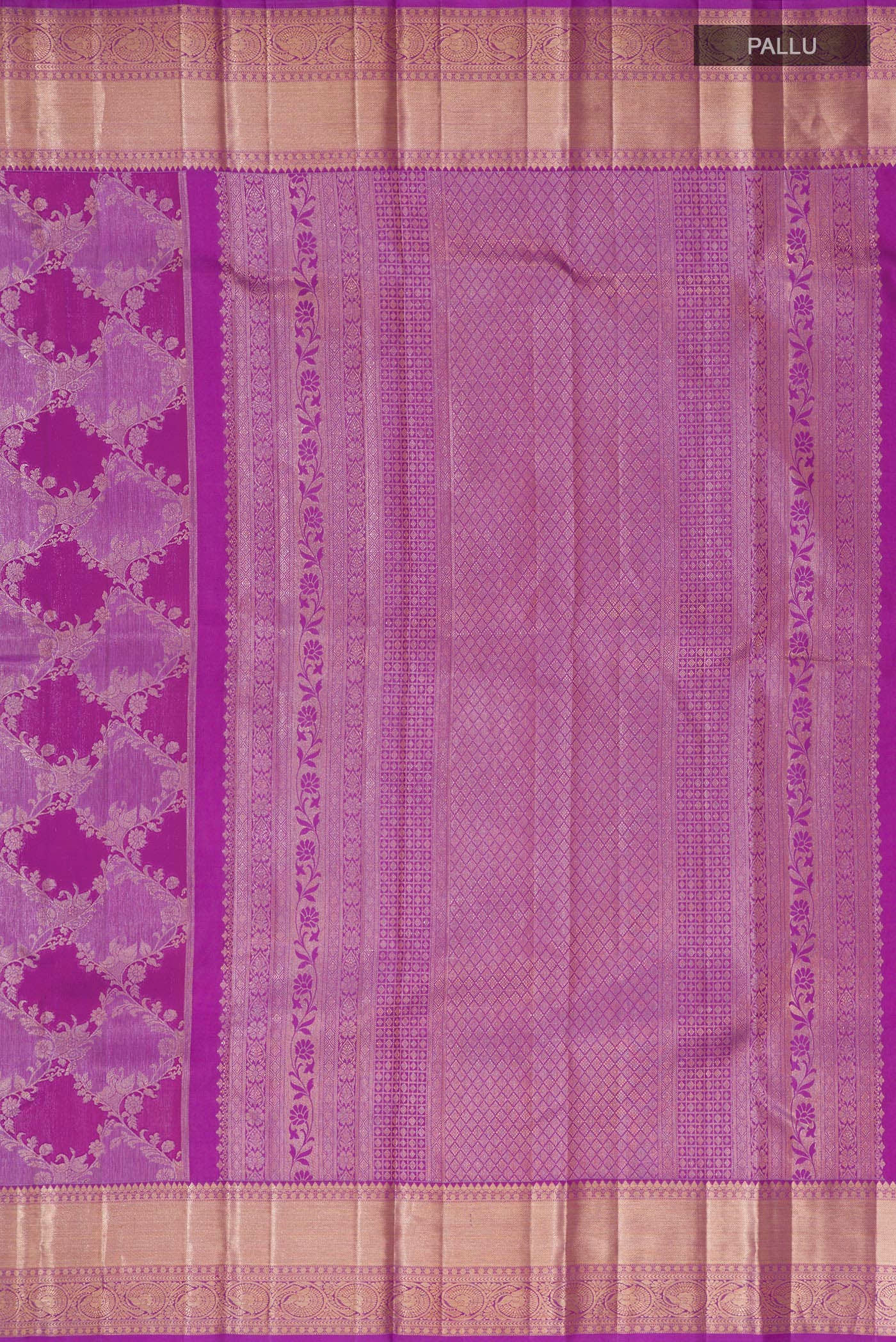 Close up image of the pallu of Purple Kanjivaram Silk Saree with Zari Brocade on the body and Zari Border. 