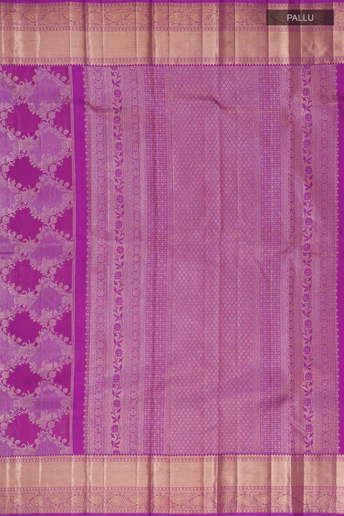 Close up image of the pallu of Purple Kanjivaram Silk Saree with Zari Brocade on the body and Zari Border. 