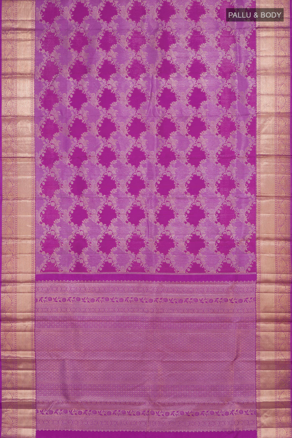 Flat view of Purple Kanjivaram Silk Saree with Zari Brocade on the body and Zari Border. 
