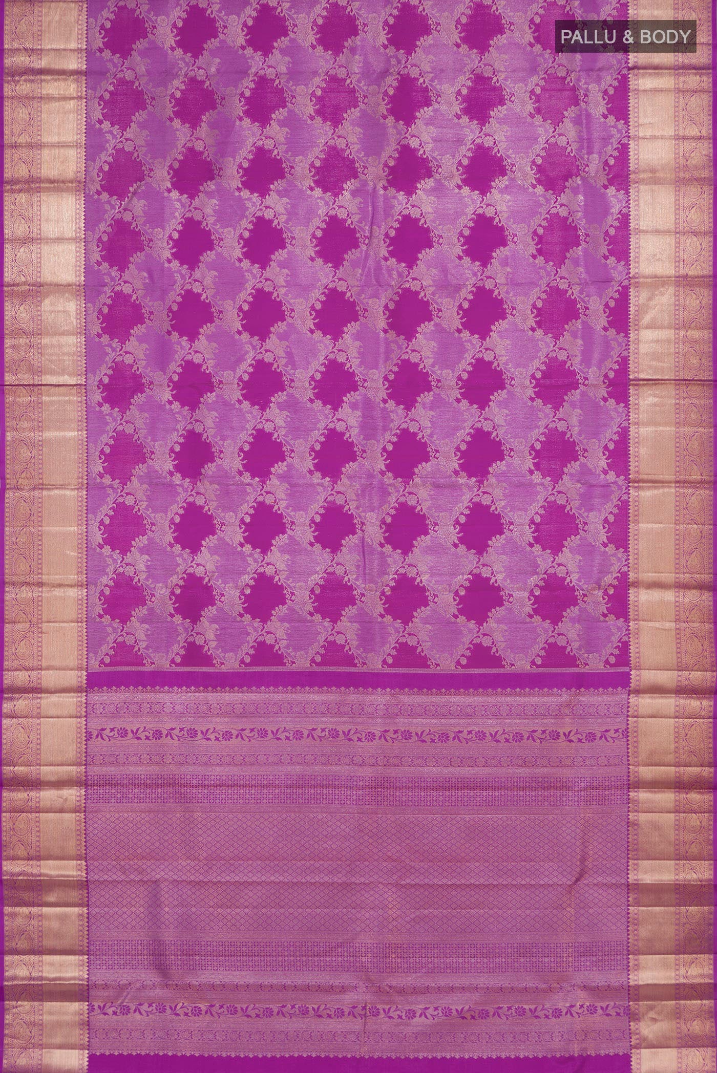 Flat view of Purple Kanjivaram Silk Saree with Zari Brocade on the body and Zari Border. 