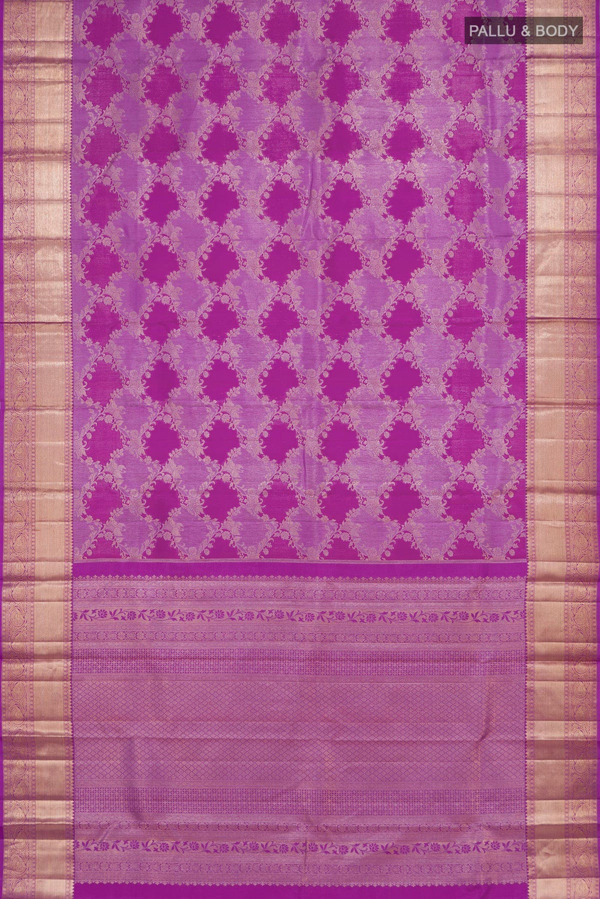 Flat view of Purple Kanjivaram Silk Saree with Zari Brocade on the body and Zari Border. 