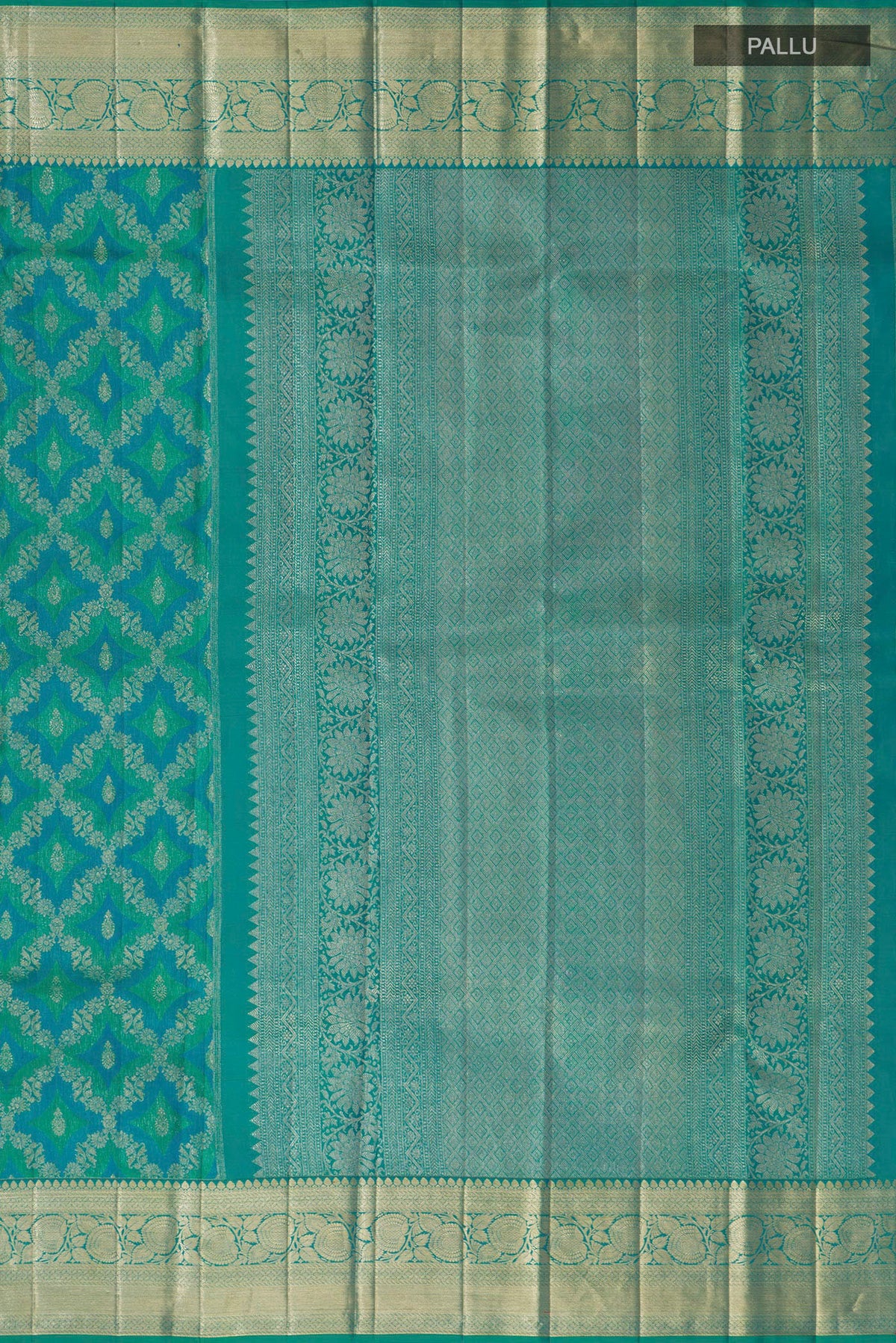 Close up image of the pallu of Blue Dual Tone Kanjivaram Silk Saree with Zari Brocade on the body and Zari Border. 