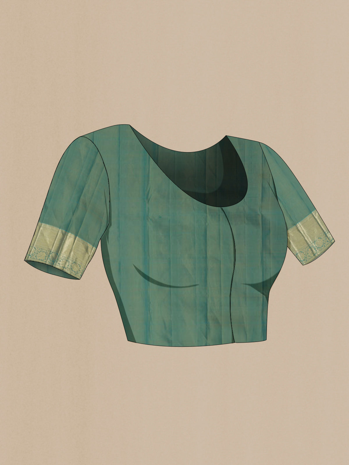 Close up image of the blouse of Blue Kanjivaram Silk Saree with Zari Brocade on the body and Zari Border. 
