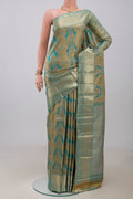 Blue Kanjivaram Silk Saree with Zari Brocade on the body and Zari Border.  displayed on a mannequin