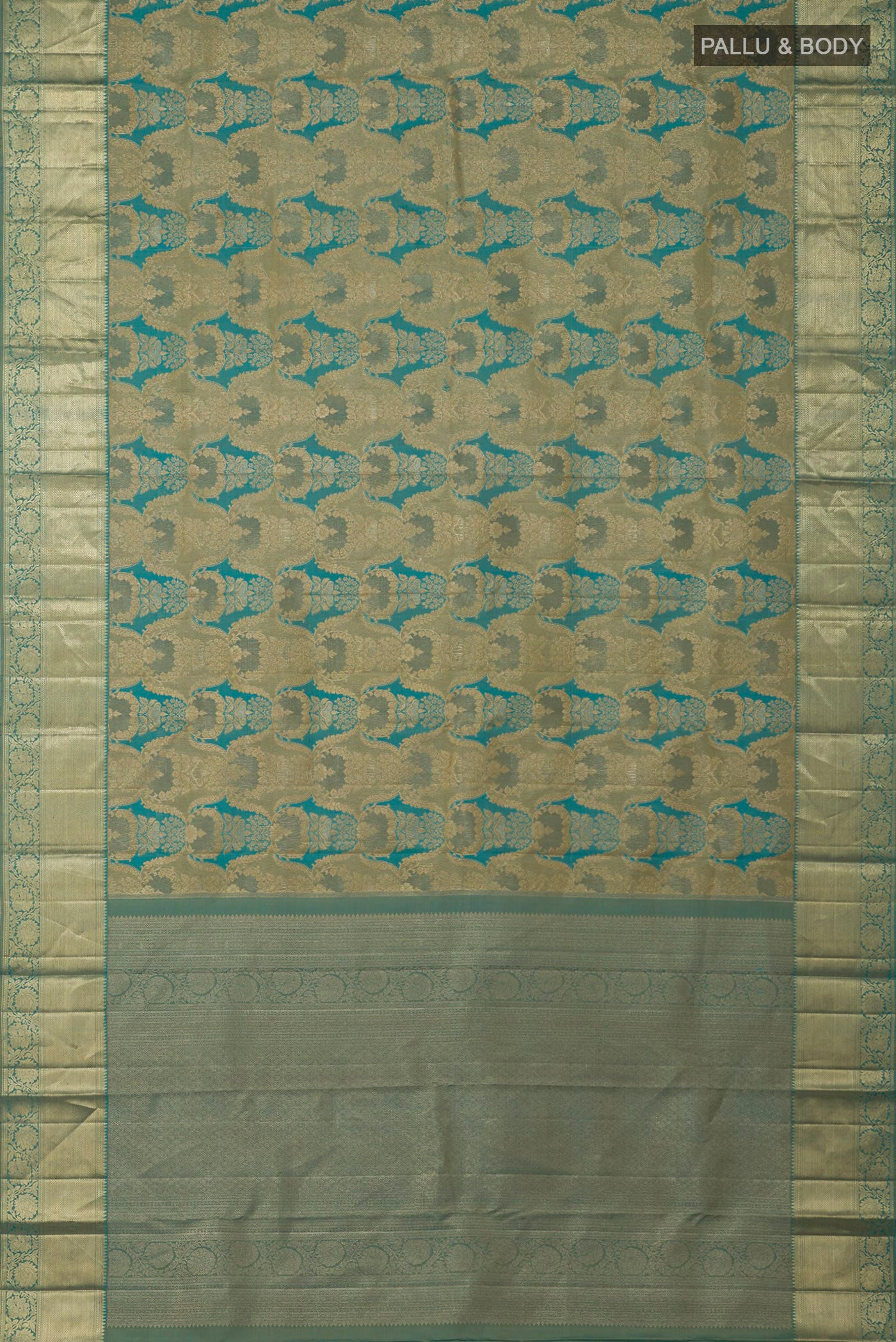 Flat view of Blue Kanjivaram Silk Saree with Zari Brocade on the body and Zari Border. 