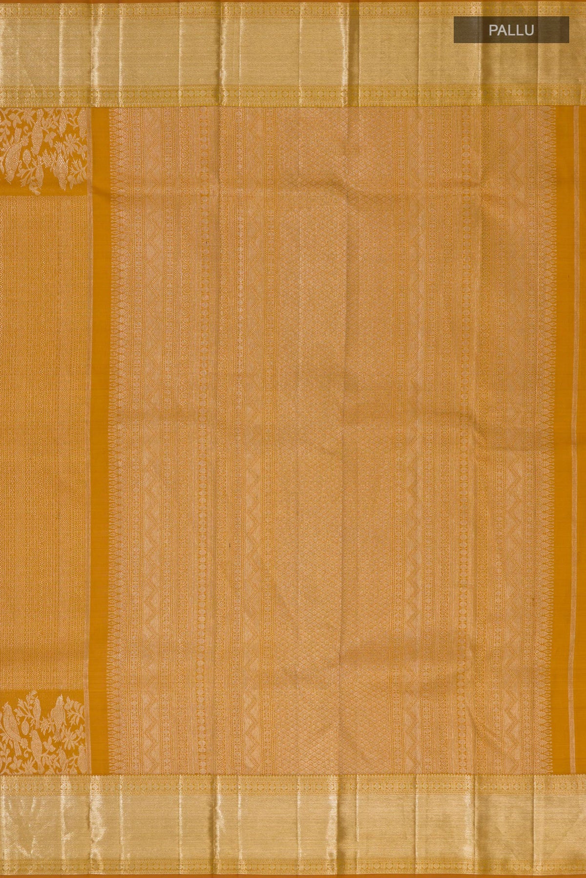 Close up image of the pallu of Pure Silk Mustard Kanjivaram Saree with Zari Brocade on the body and Zari Border. 