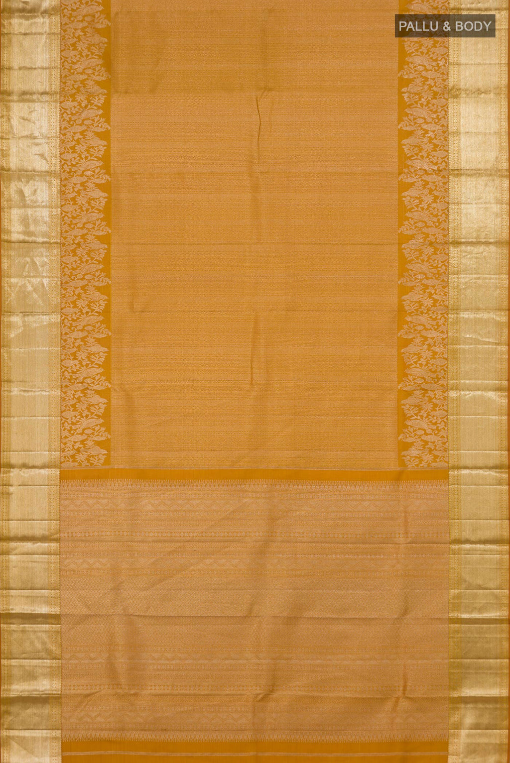 Flat view of Pure Silk Mustard Kanjivaram Saree with Zari Brocade on the body and Zari Border. 
