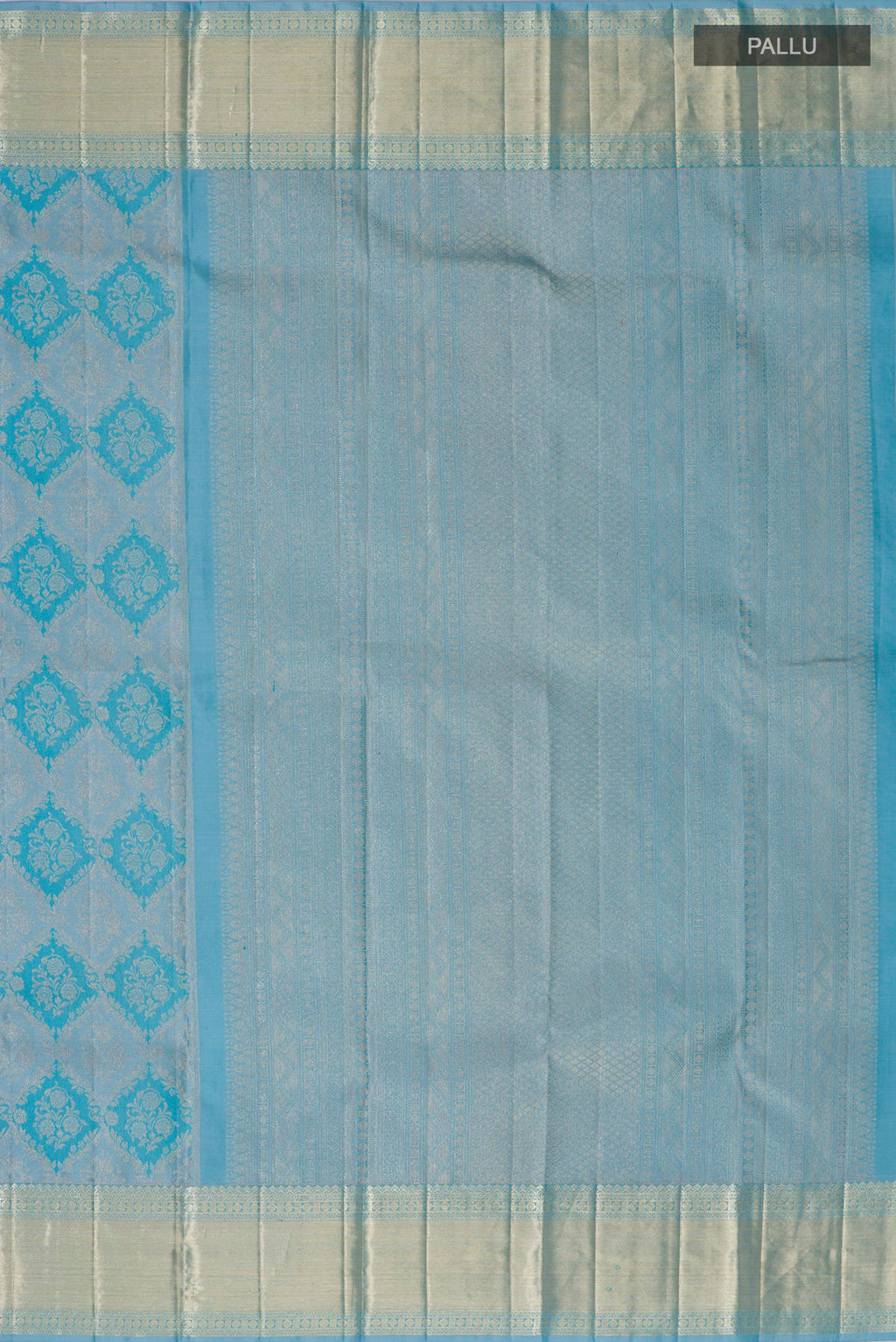 Close up image of the pallu of Sky Blue Kanjivaram Silk Saree with Zari Brocade on the body and Zari Border. 
