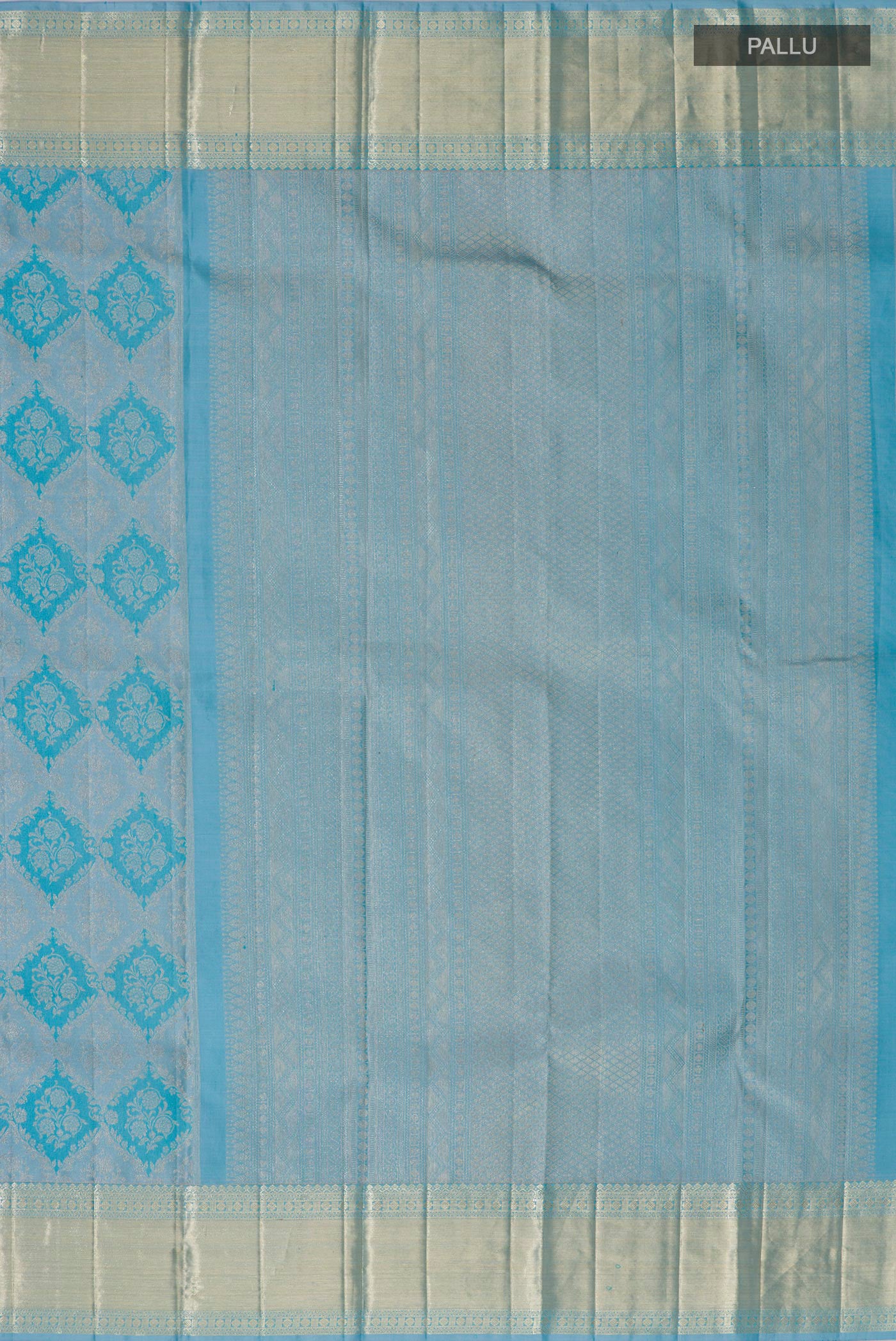 Close up image of the pallu of Sky Blue Kanjivaram Silk Saree with Zari Brocade on the body and Zari Border. 