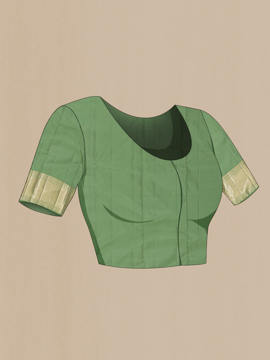 Close up image of the blouse of Green Kanjivaram Silk Saree with Zari Brocade on the body and Zari Border. 