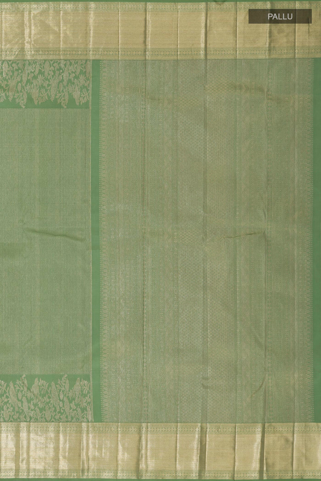 Close up image of the pallu of Green Kanjivaram Silk Saree with Zari Brocade on the body and Zari Border. 