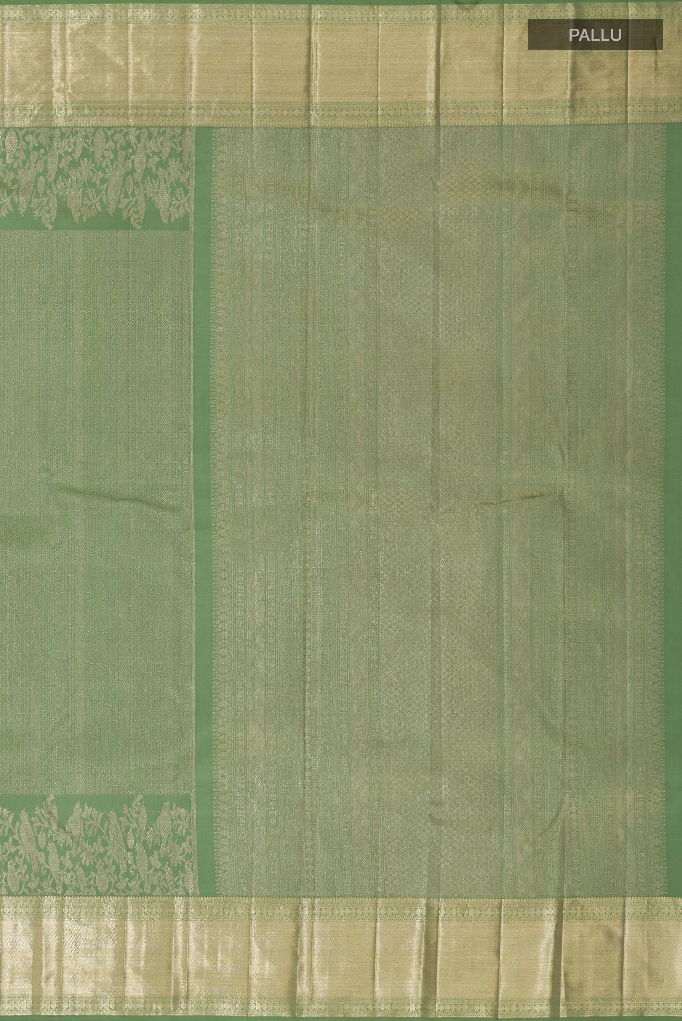Close up image of the pallu of Green Kanjivaram Silk Saree with Zari Brocade on the body and Zari Border. 