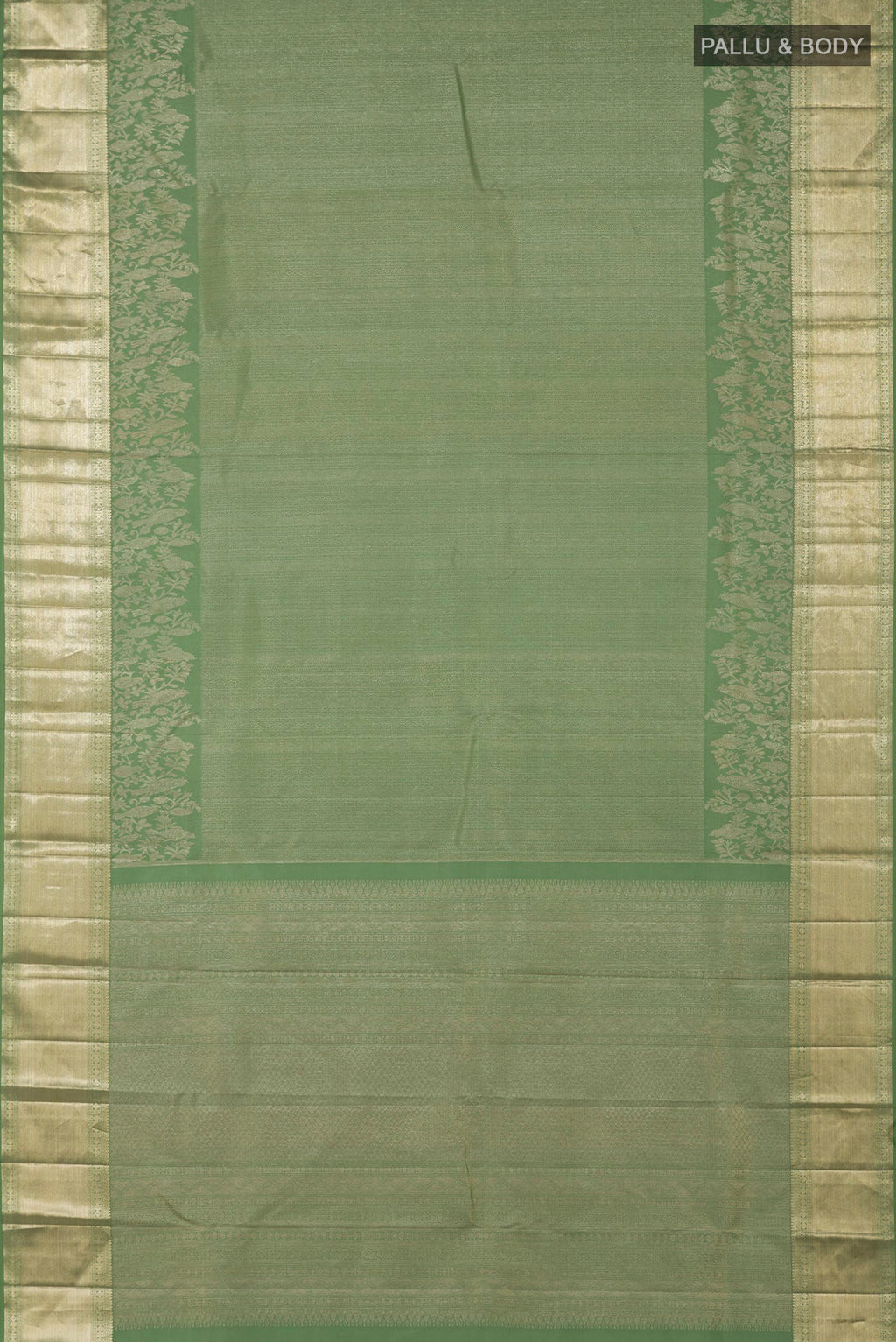 Flat view of Green Kanjivaram Silk Saree with Zari Brocade on the body and Zari Border. 