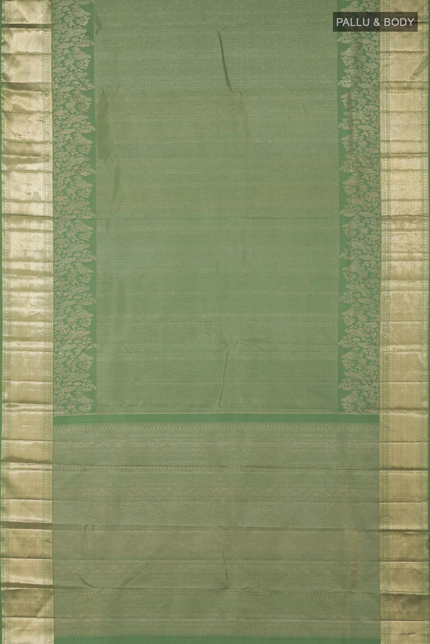 Flat view of Green Kanjivaram Silk Saree with Zari Brocade on the body and Zari Border. 