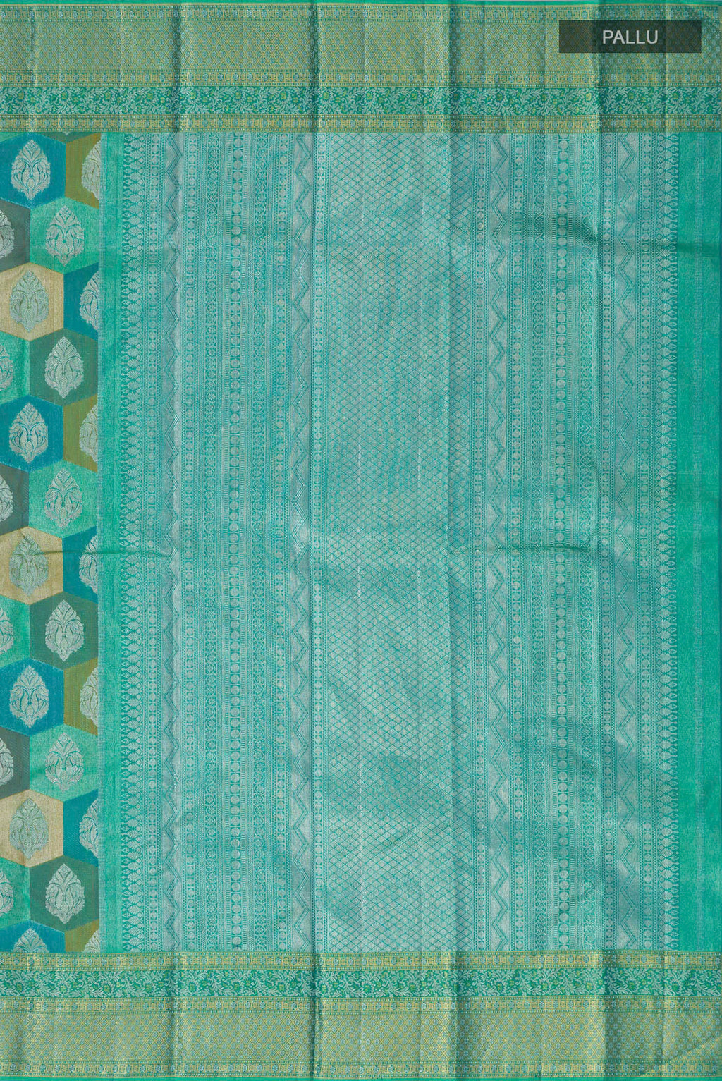 Close up image of the pallu of Turquoise Kanjivaram Silk Saree with Zari Brocade on the body and Zari Border. 