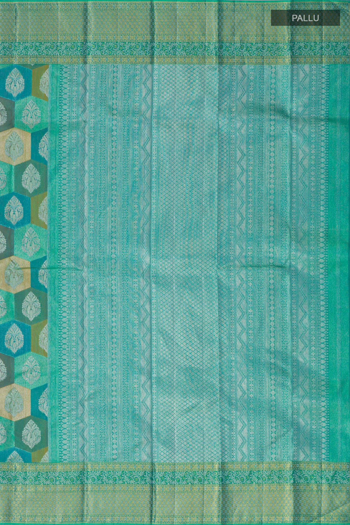 Close up image of the pallu of Turquoise Kanjivaram Silk Saree with Zari Brocade on the body and Zari Border. 