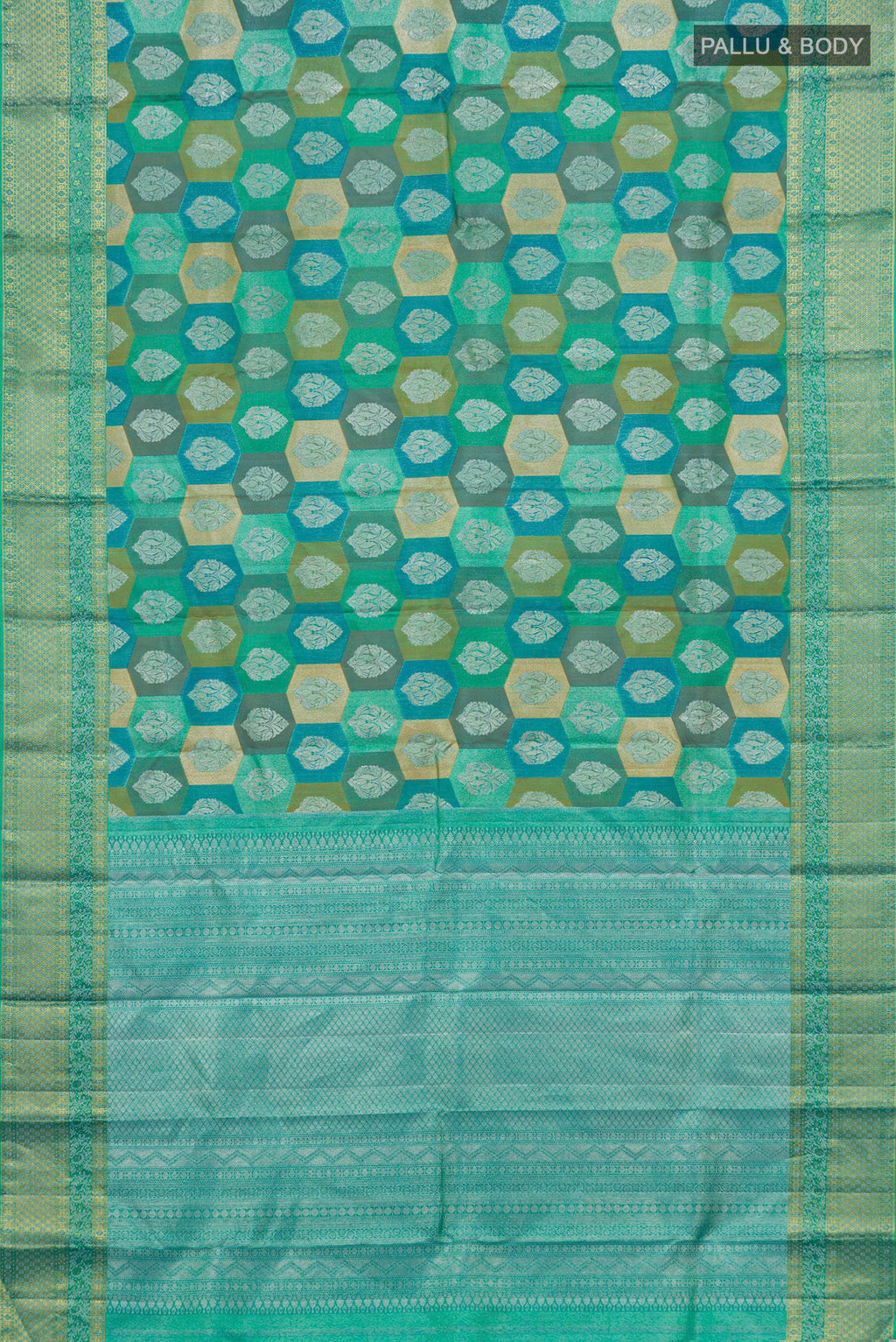 Flat view of Turquoise Kanjivaram Silk Saree with Zari Brocade on the body and Zari Border. 