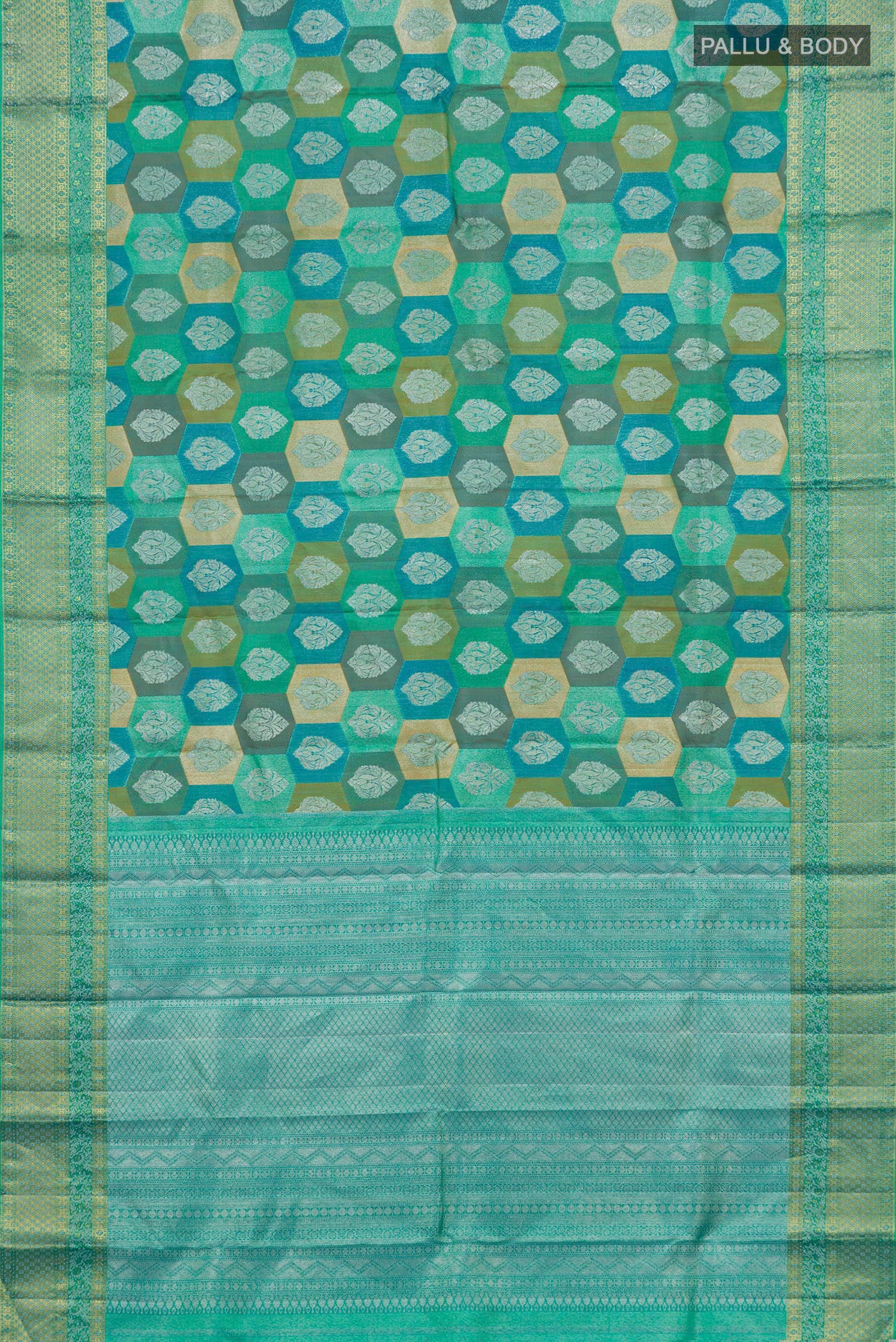 Flat view of Turquoise Kanjivaram Silk Saree with Zari Brocade on the body and Zari Border. 