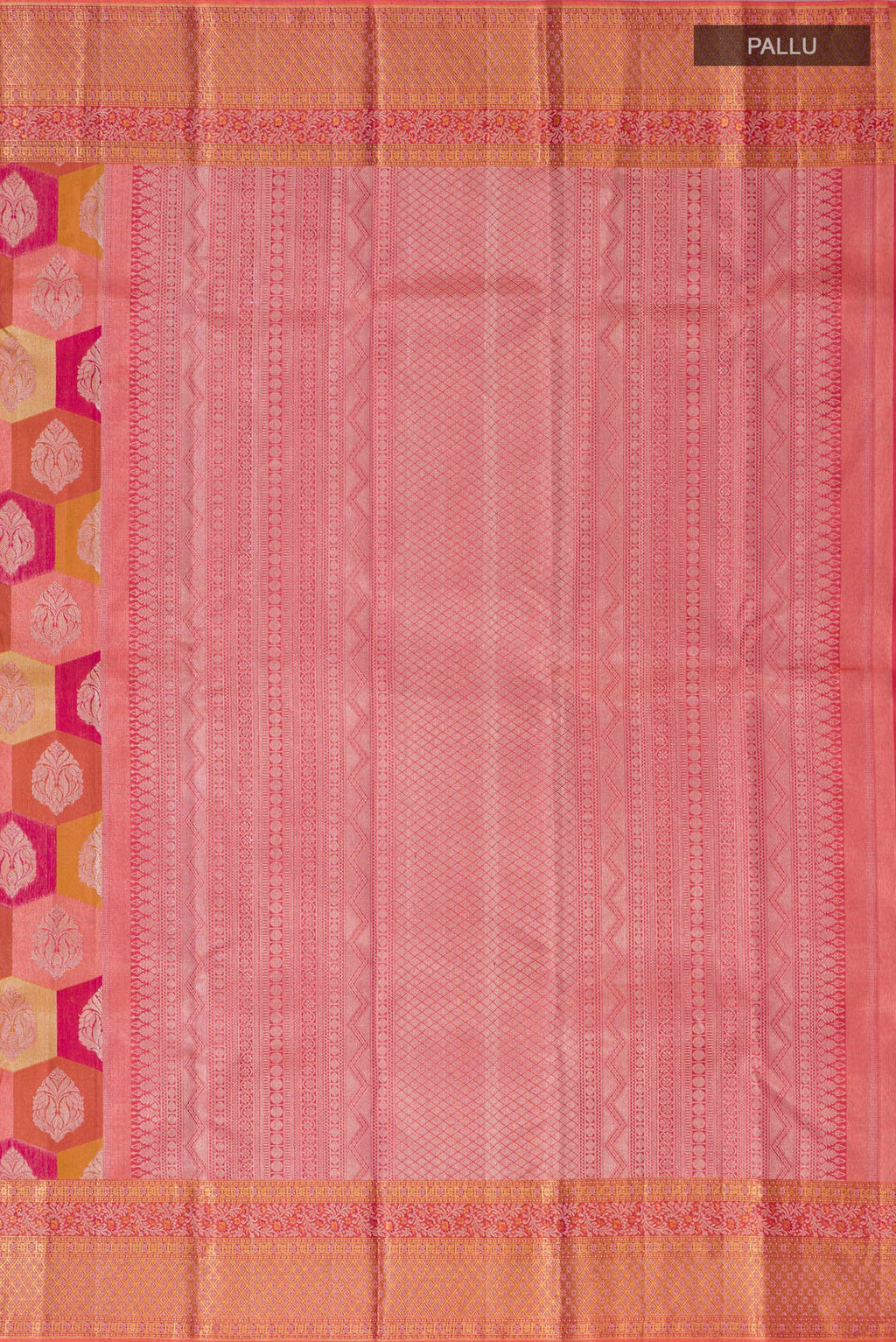 Close up image of the pallu of Coral Kanjivaram Silk Saree with Zari Brocade on the body and Zari Border. 