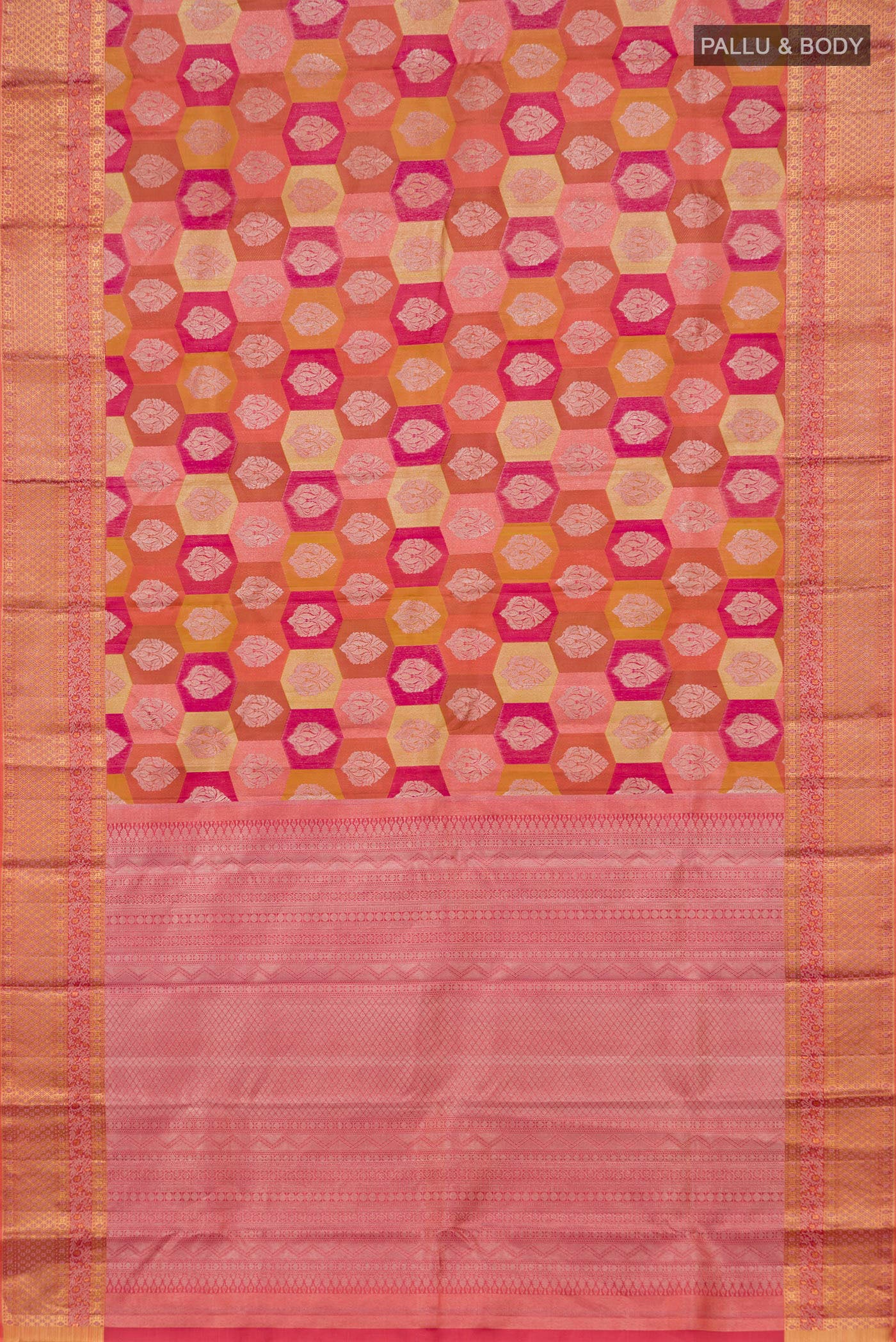 Flat view of Coral Kanjivaram Silk Saree with Zari Brocade on the body and Zari Border. 
