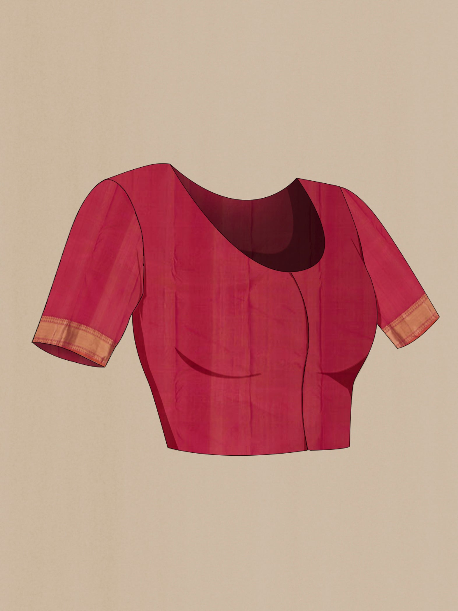 Close up image of the blouse of Orange Kanchipuram Silk Saree with Zari Butta on the body and Zari Border. 