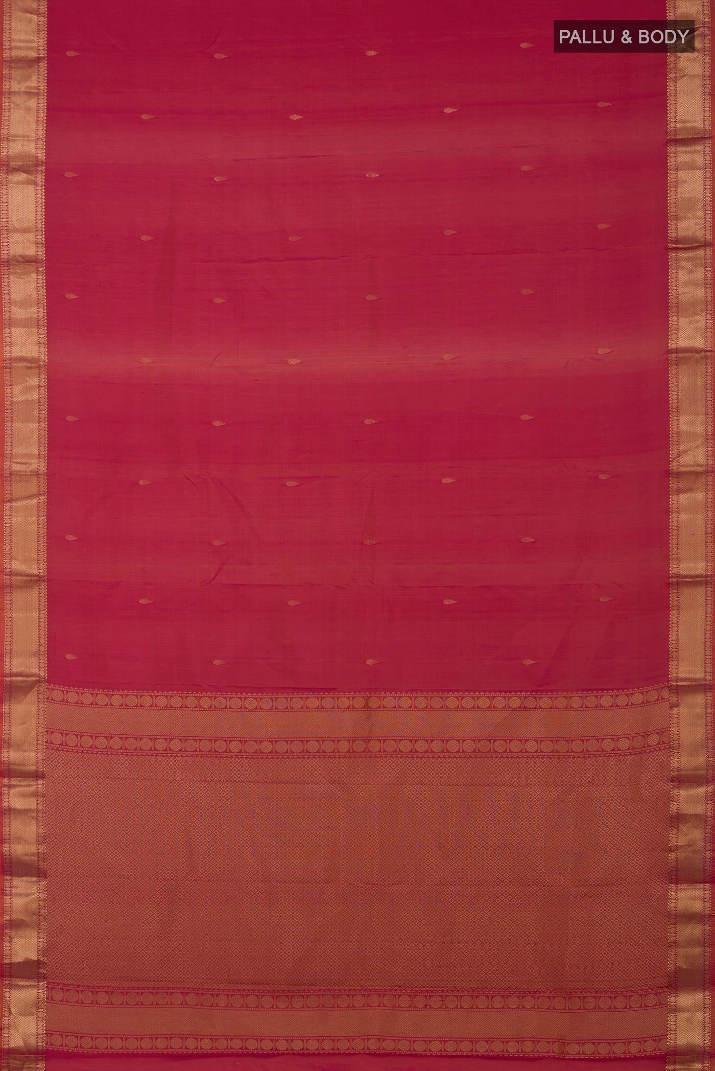 Flat view of Orange Kanchipuram Silk Saree with Zari Butta on the body and Zari Border. 