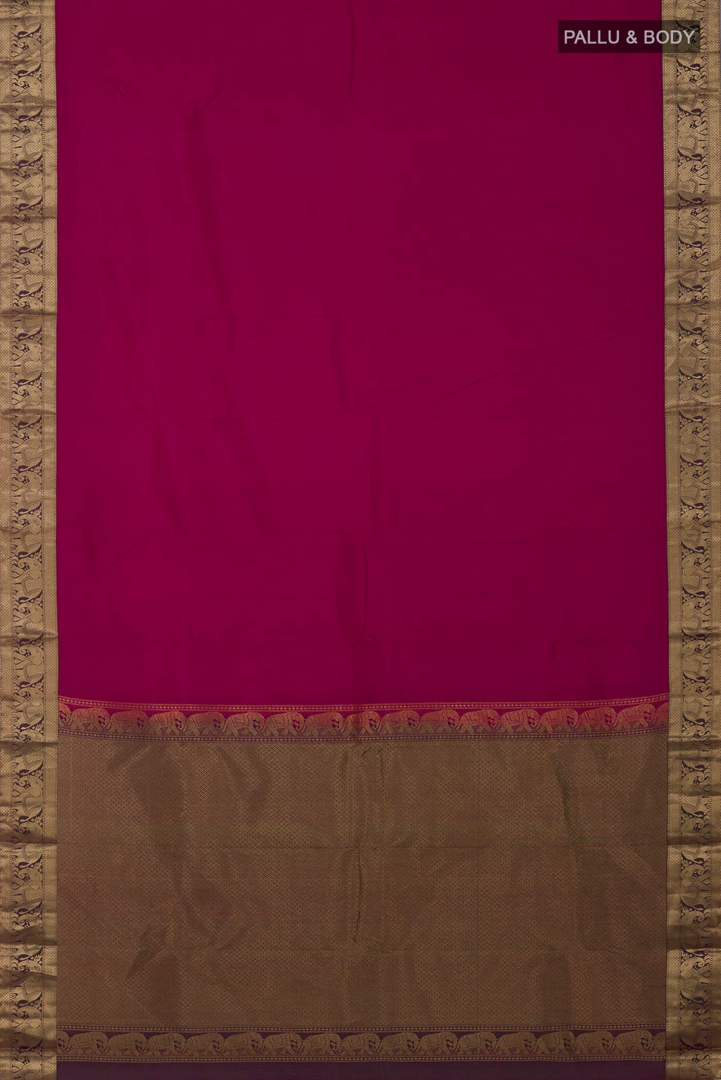 Flat view of Maroon Kanjivaram Silk Saree with Plain Body and Zari Border. 