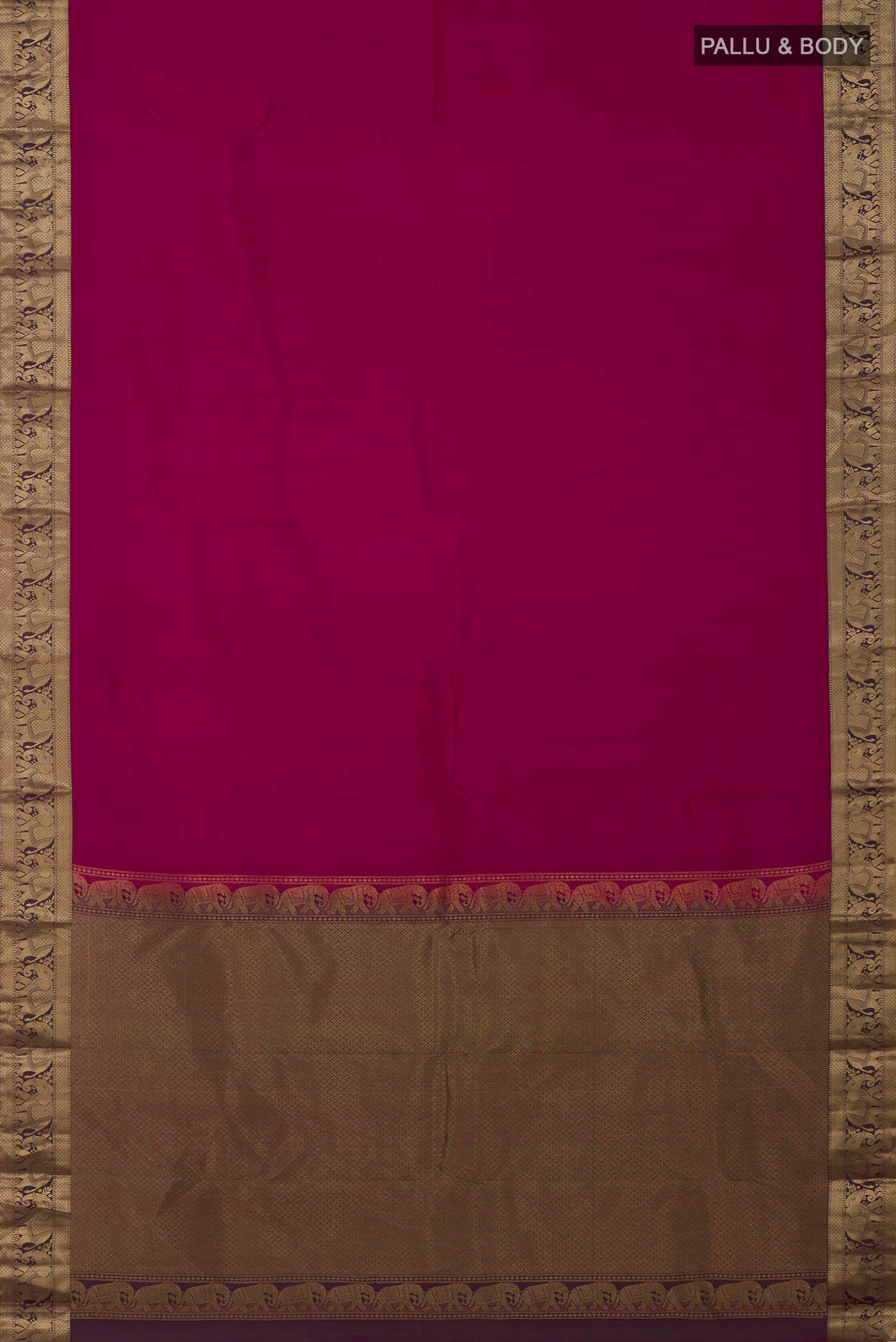 Flat view of Maroon Kanjivaram Silk Saree with Plain Body and Zari Border. 