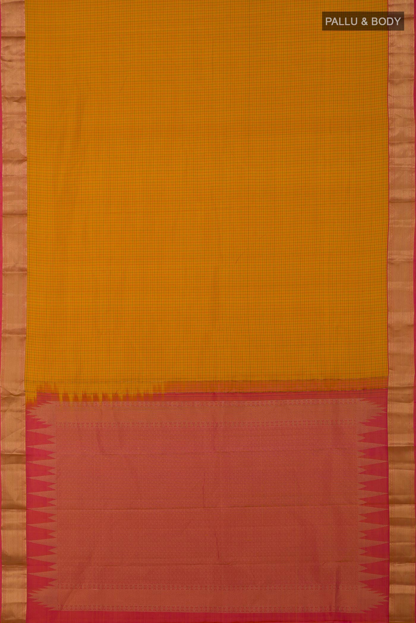 Flat view of Yellow Kanchipuram Silk Saree with Checked design on the body and Zari Border. 