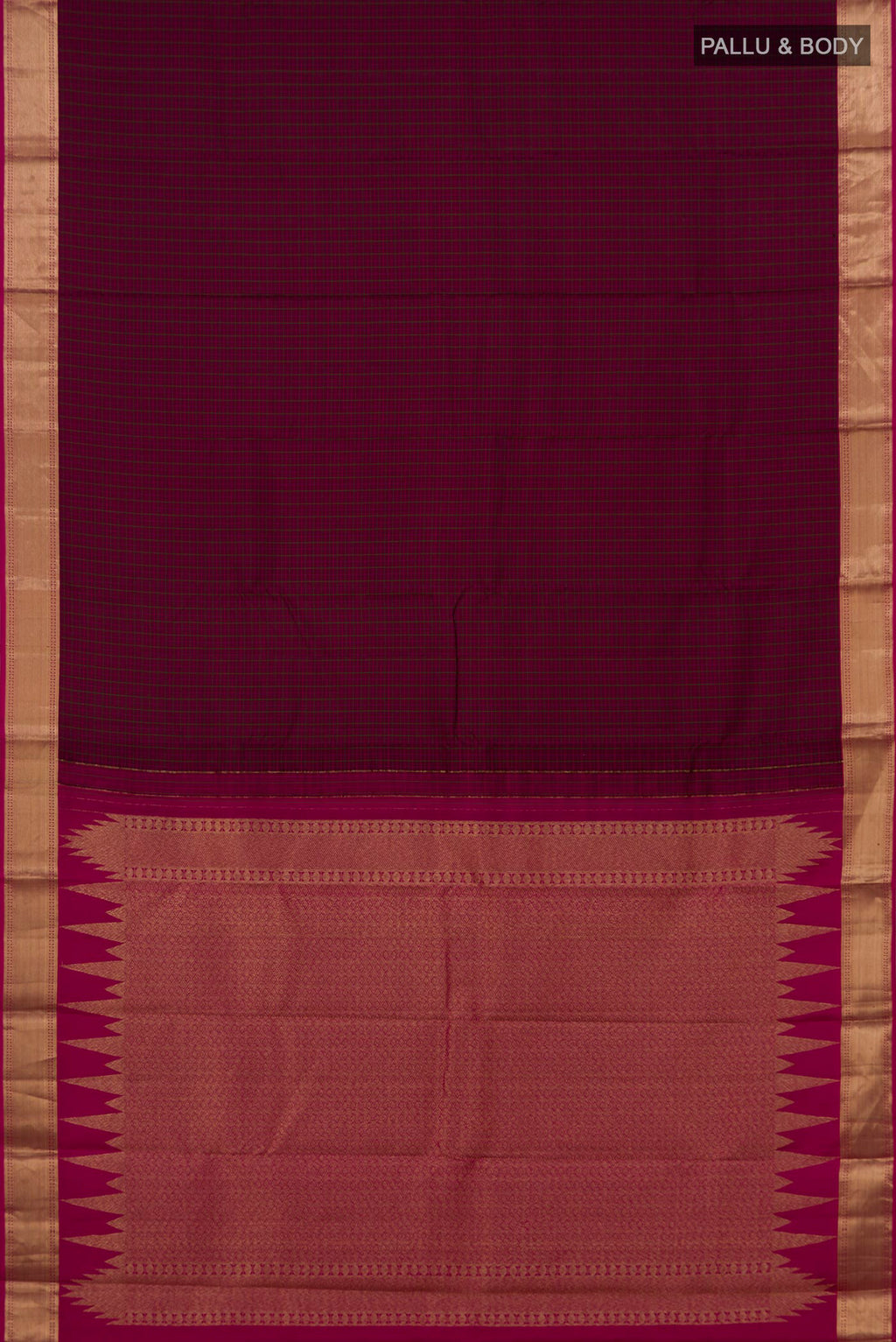 Flat view of Maroon Kanchipuram Silk Saree with Checked design on the body and Zari Border. 