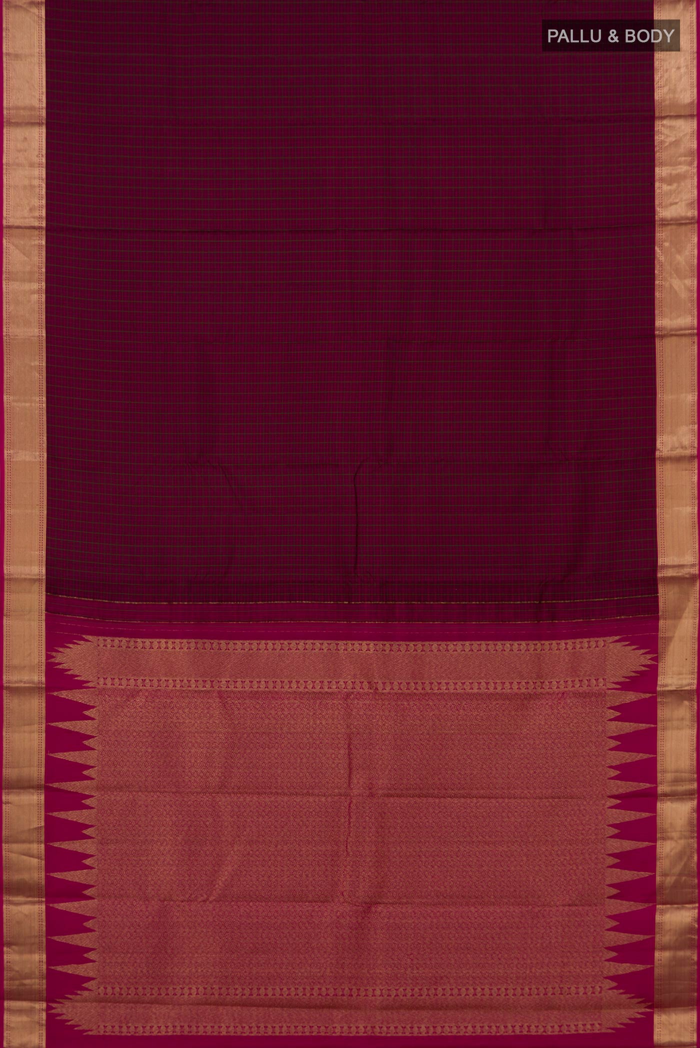 Flat view of Maroon Kanchipuram Silk Saree with Checked design on the body and Zari Border. 