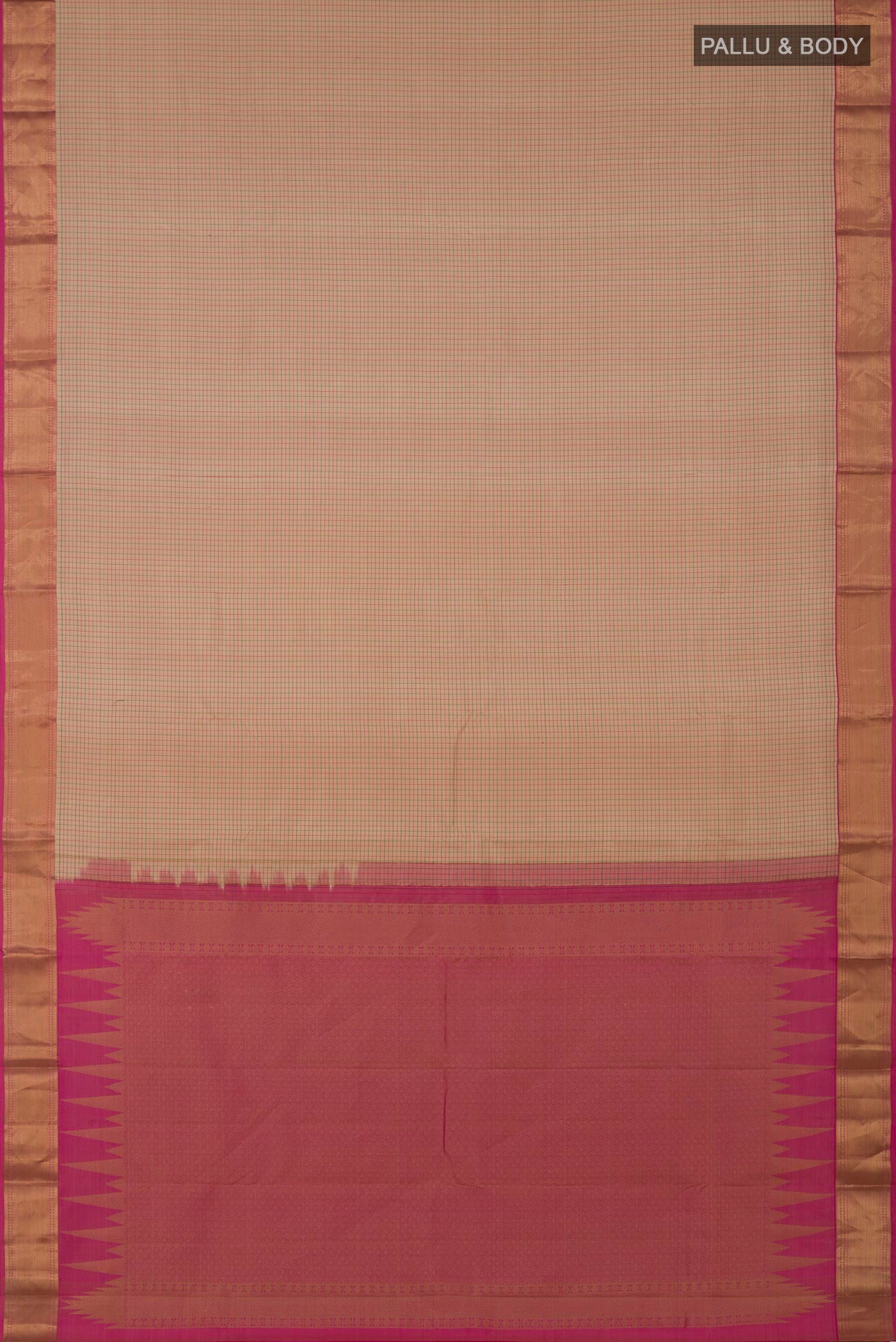 Flat view of Cream Kanchipuram Saree with Checked design on the body and Zari Border. 
