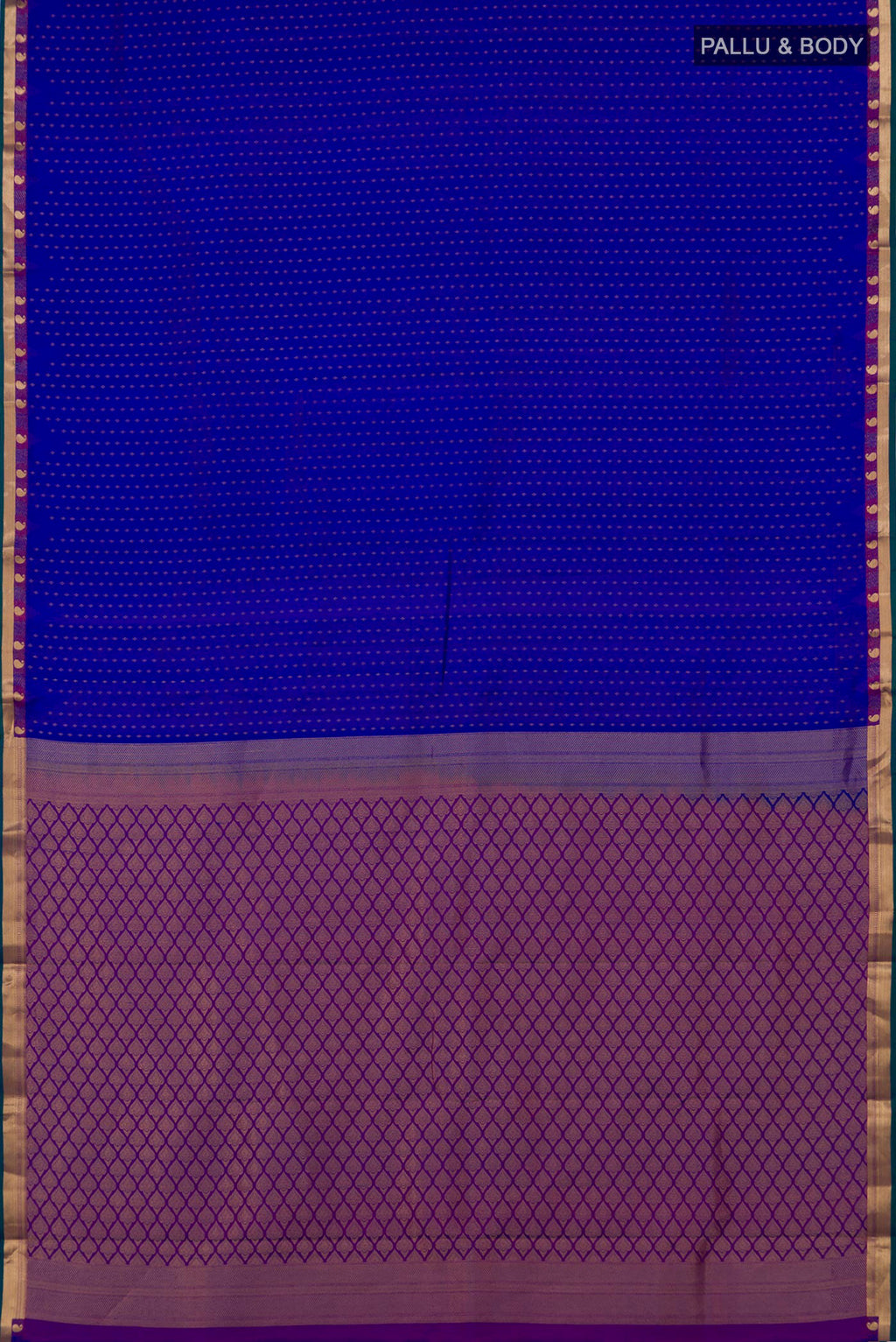 Flat view of Royal Blue Kanchipuram Silk Saree with Zari Butta on the body and Zari Border. 